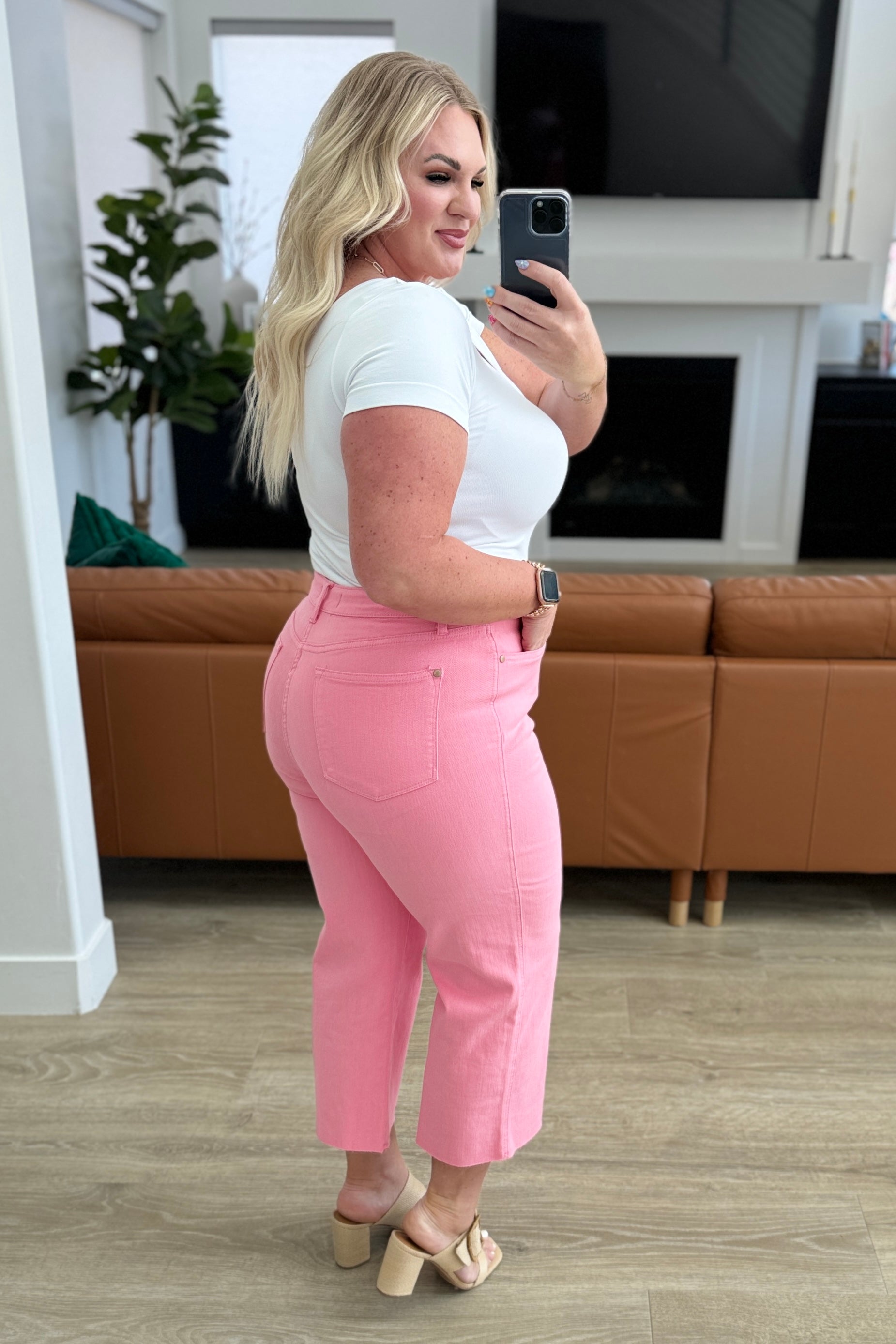 JUDY BLUE Lisa High Rise Control Top Wide Leg Crop Jeans in Pink-Jeans-Krush Kandy, Women's Online Fashion Boutique Located in Phoenix, Arizona (Scottsdale Area)