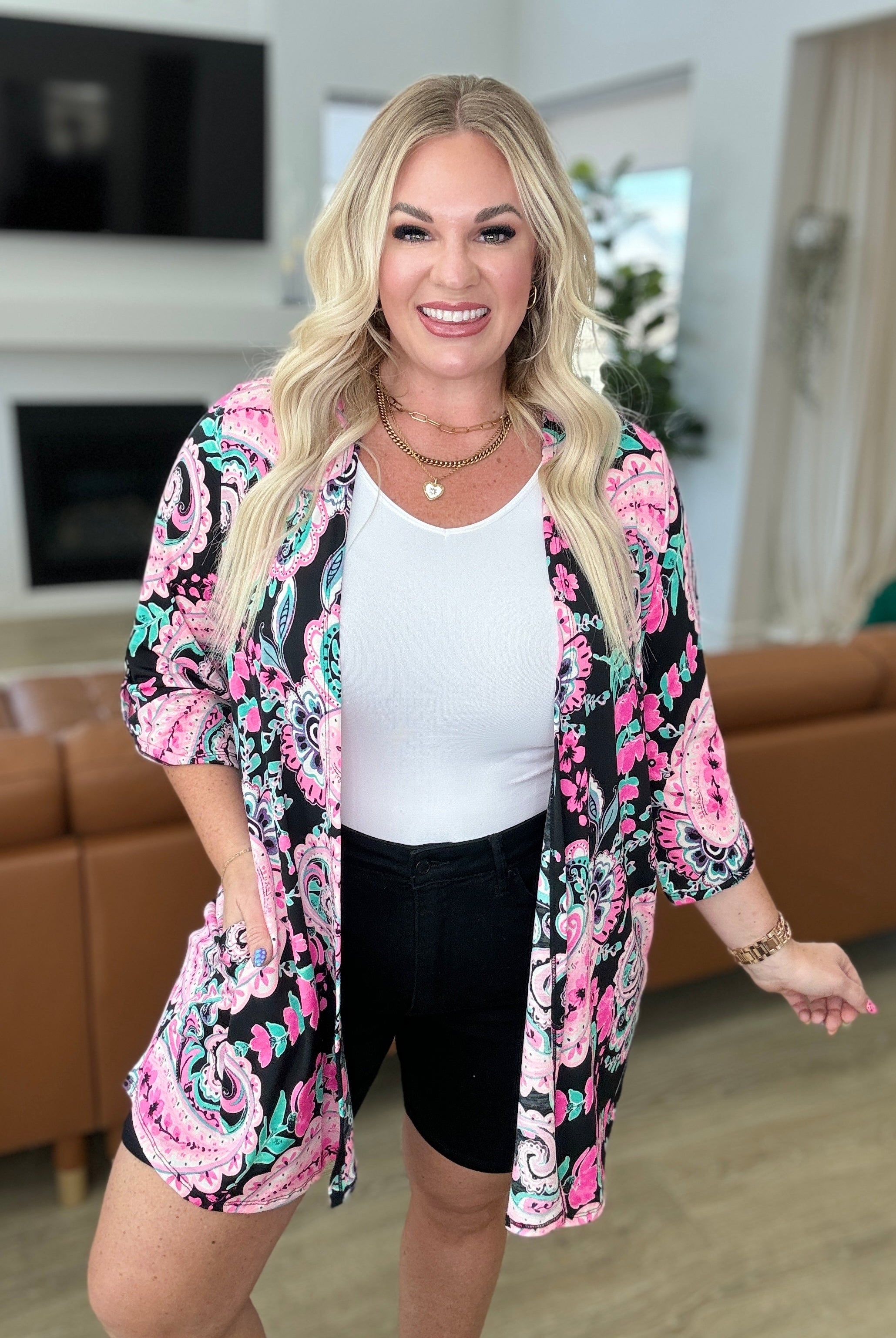 Lizzy Cardigan in Black and Pink Jumbo Paisley-Cardigans-Krush Kandy, Women's Online Fashion Boutique Located in Phoenix, Arizona (Scottsdale Area)