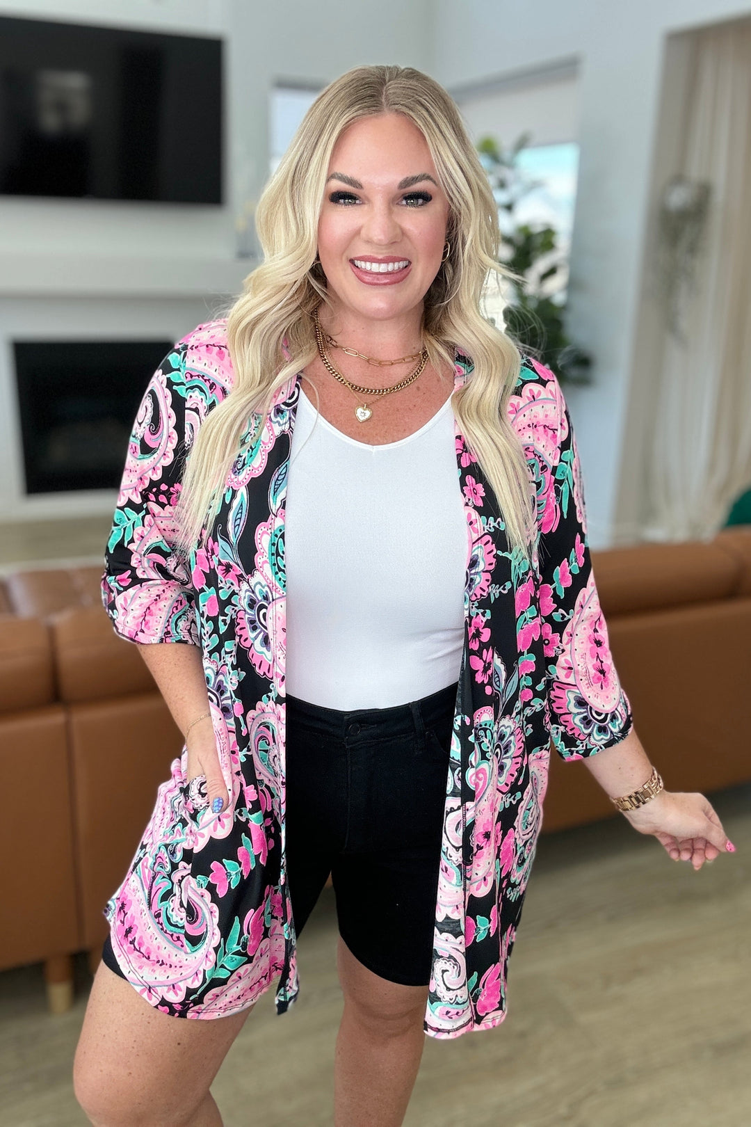 Lizzy Cardigan in Black and Pink Jumbo Paisley-Cardigans-Krush Kandy, Women's Online Fashion Boutique Located in Phoenix, Arizona (Scottsdale Area)