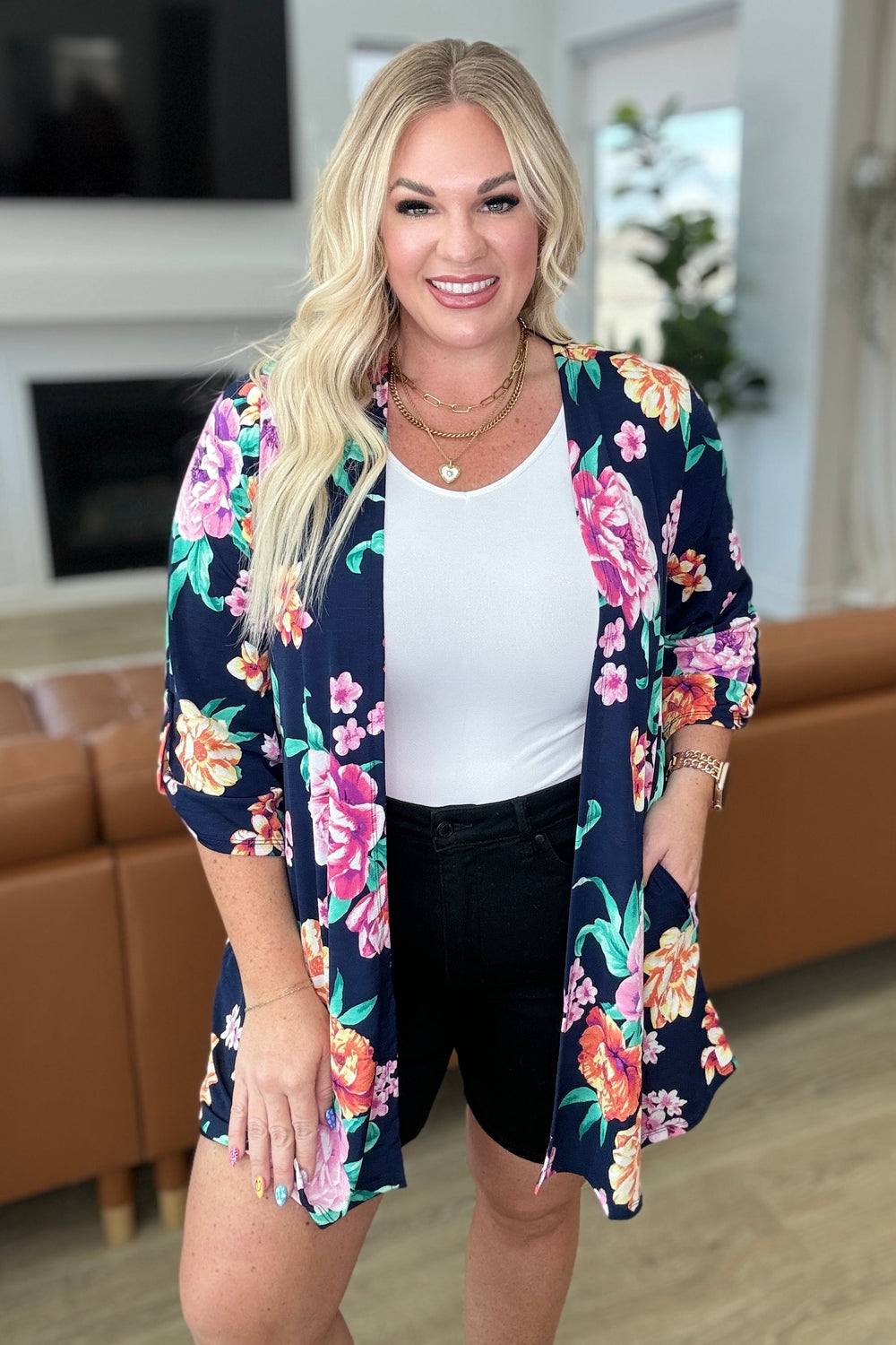 Lizzy Cardigan in Navy and Lavender Bouquet-Cardigans-Krush Kandy, Women's Online Fashion Boutique Located in Phoenix, Arizona (Scottsdale Area)