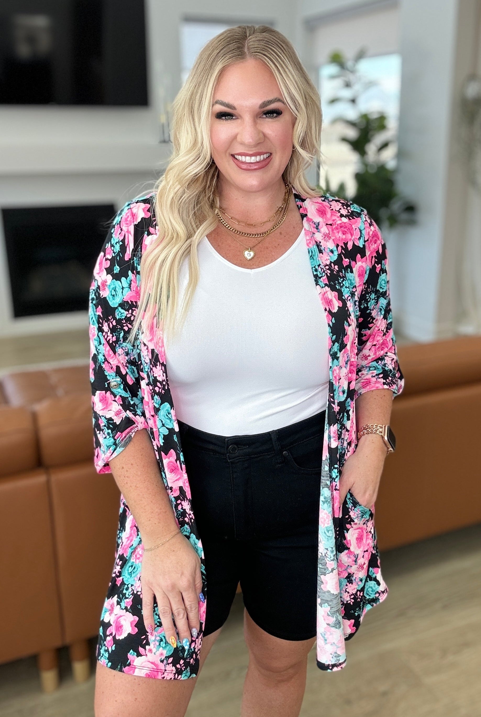 Lizzy Cardigan in Black and Pink Floral-Cardigans-Krush Kandy, Women's Online Fashion Boutique Located in Phoenix, Arizona (Scottsdale Area)
