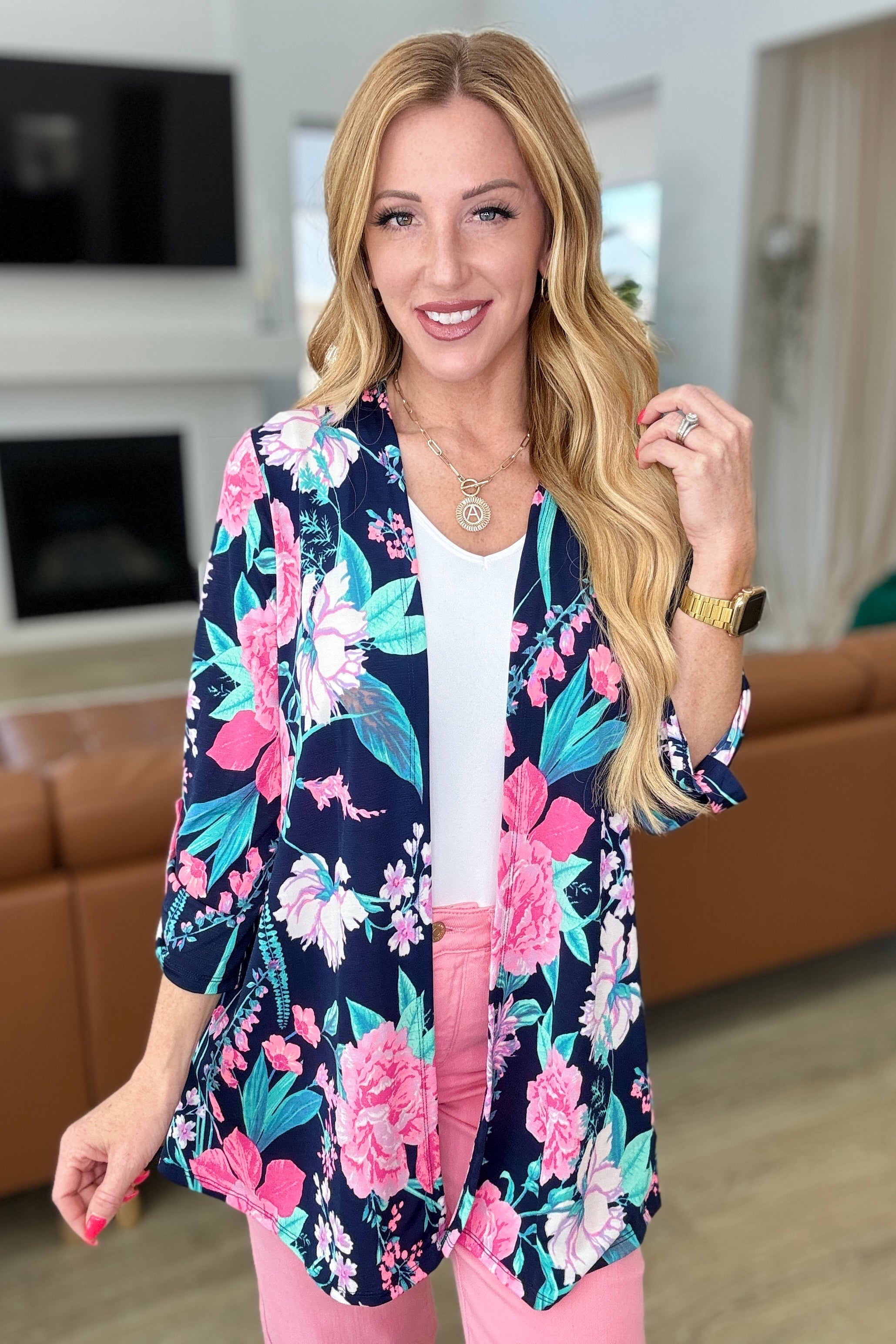 Lizzy Cardigan in Navy and Pink Floral-Cardigans-Krush Kandy, Women's Online Fashion Boutique Located in Phoenix, Arizona (Scottsdale Area)