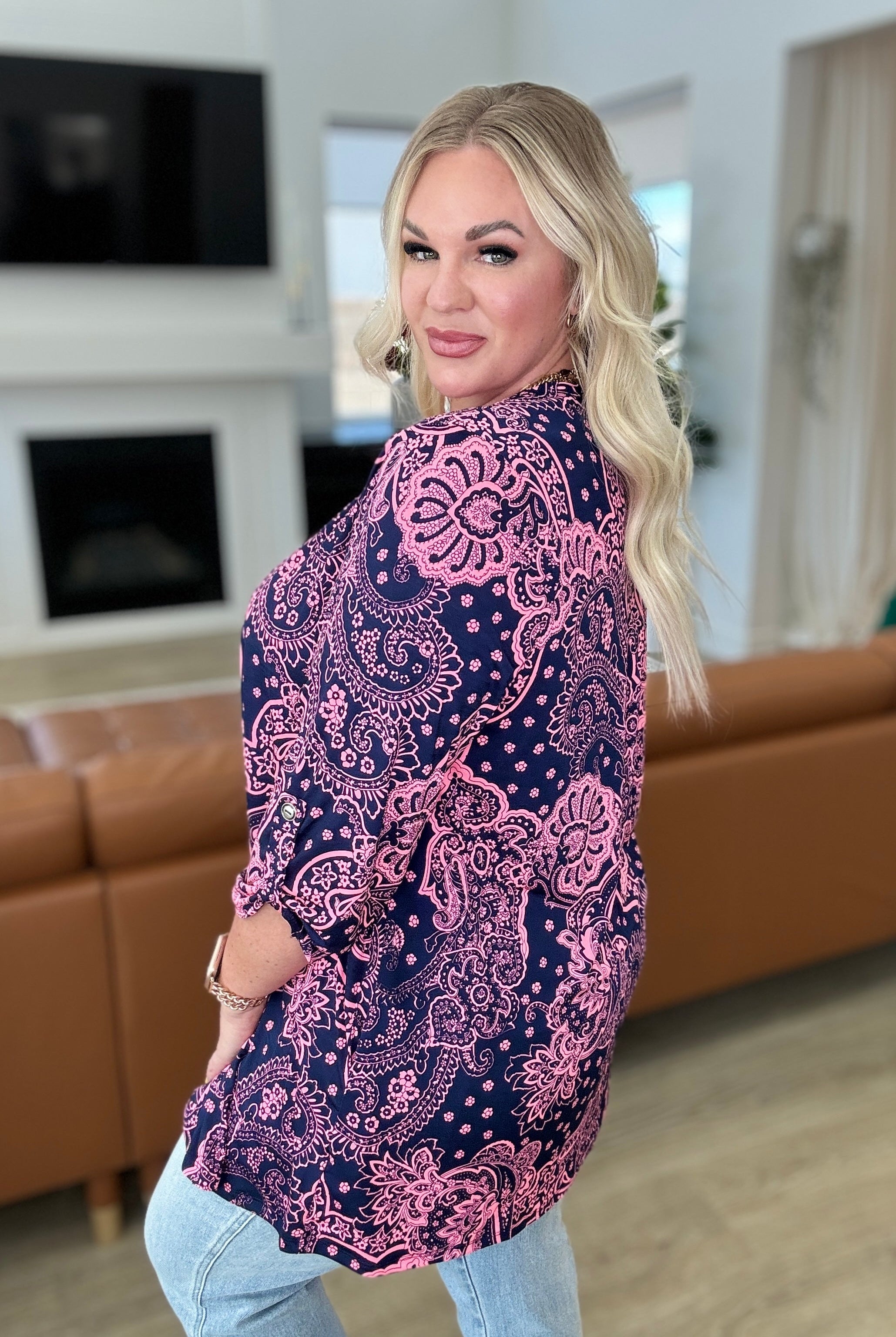 Lizzy Cardigan in Navy and Pink Paisley-Cardigans-Krush Kandy, Women's Online Fashion Boutique Located in Phoenix, Arizona (Scottsdale Area)