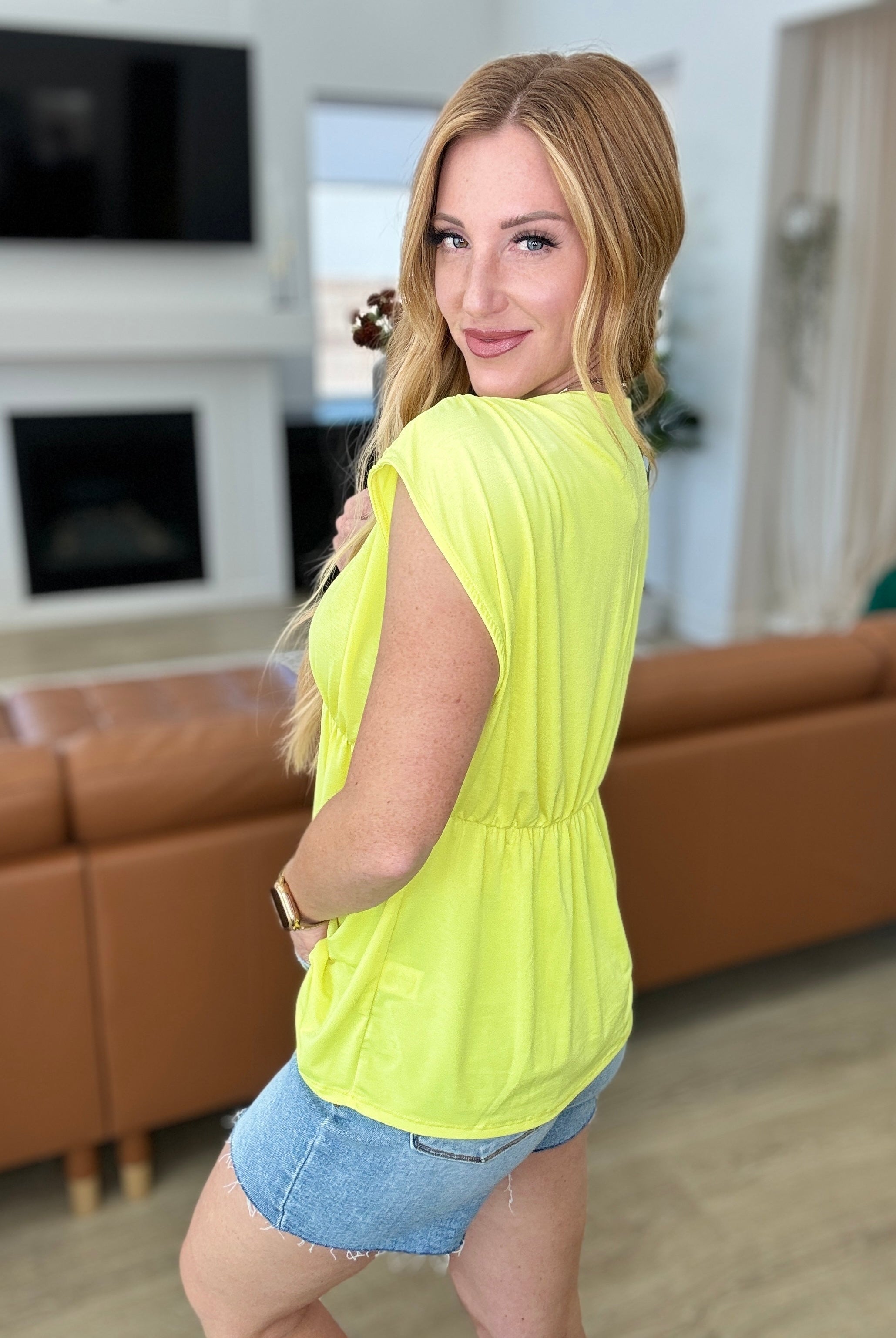 Rhea Peplum Top in Neon Yellow-Short Sleeve Tops-Krush Kandy, Women's Online Fashion Boutique Located in Phoenix, Arizona (Scottsdale Area)