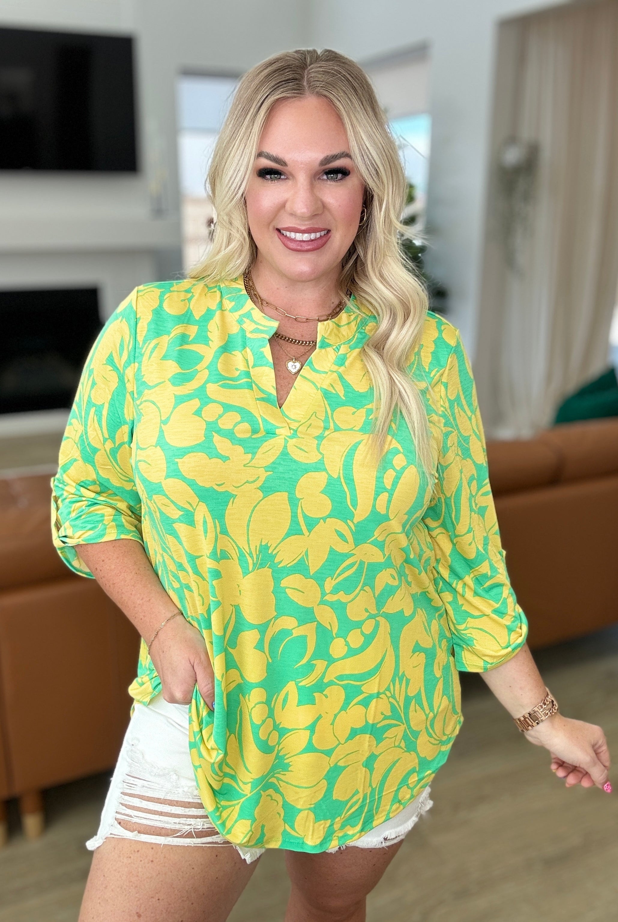 Lizzy Top in Kelly Green and Yellow Floral-Long Sleeve Tops-Krush Kandy, Women's Online Fashion Boutique Located in Phoenix, Arizona (Scottsdale Area)
