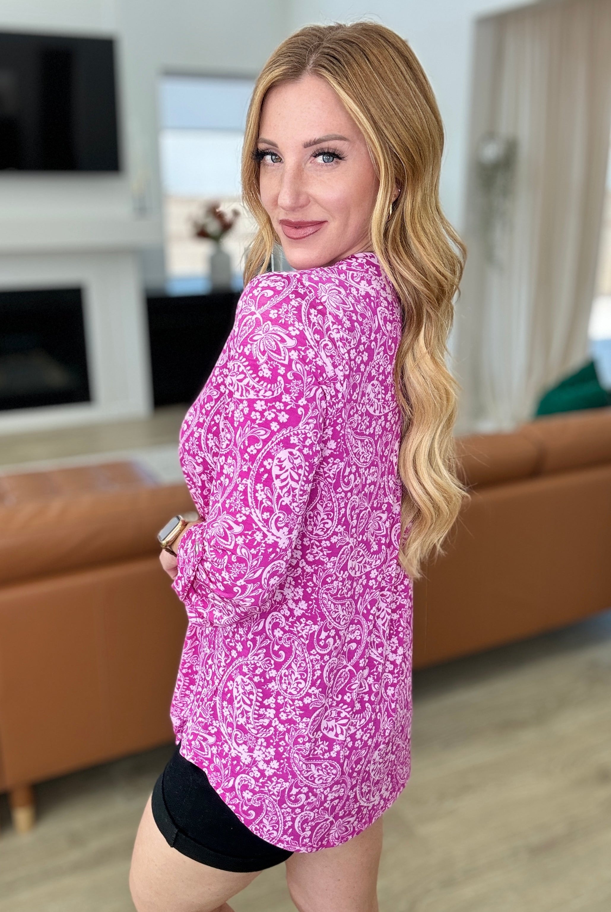 Lizzy Top in Magenta and White Paisley-Long Sleeve Tops-Krush Kandy, Women's Online Fashion Boutique Located in Phoenix, Arizona (Scottsdale Area)