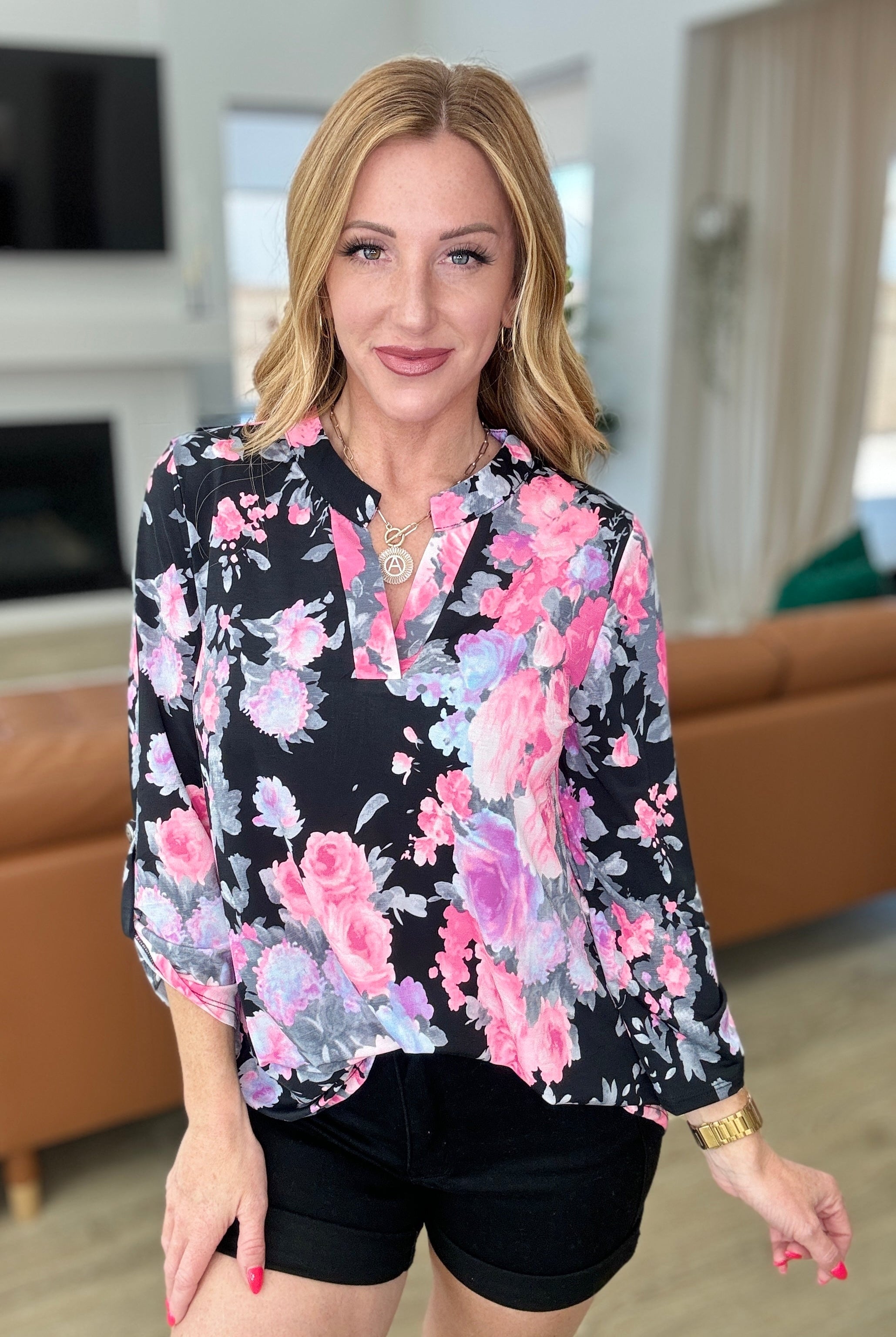 Lizzy Top in Black and Dusty Pink Floral-Long Sleeve Tops-Krush Kandy, Women's Online Fashion Boutique Located in Phoenix, Arizona (Scottsdale Area)