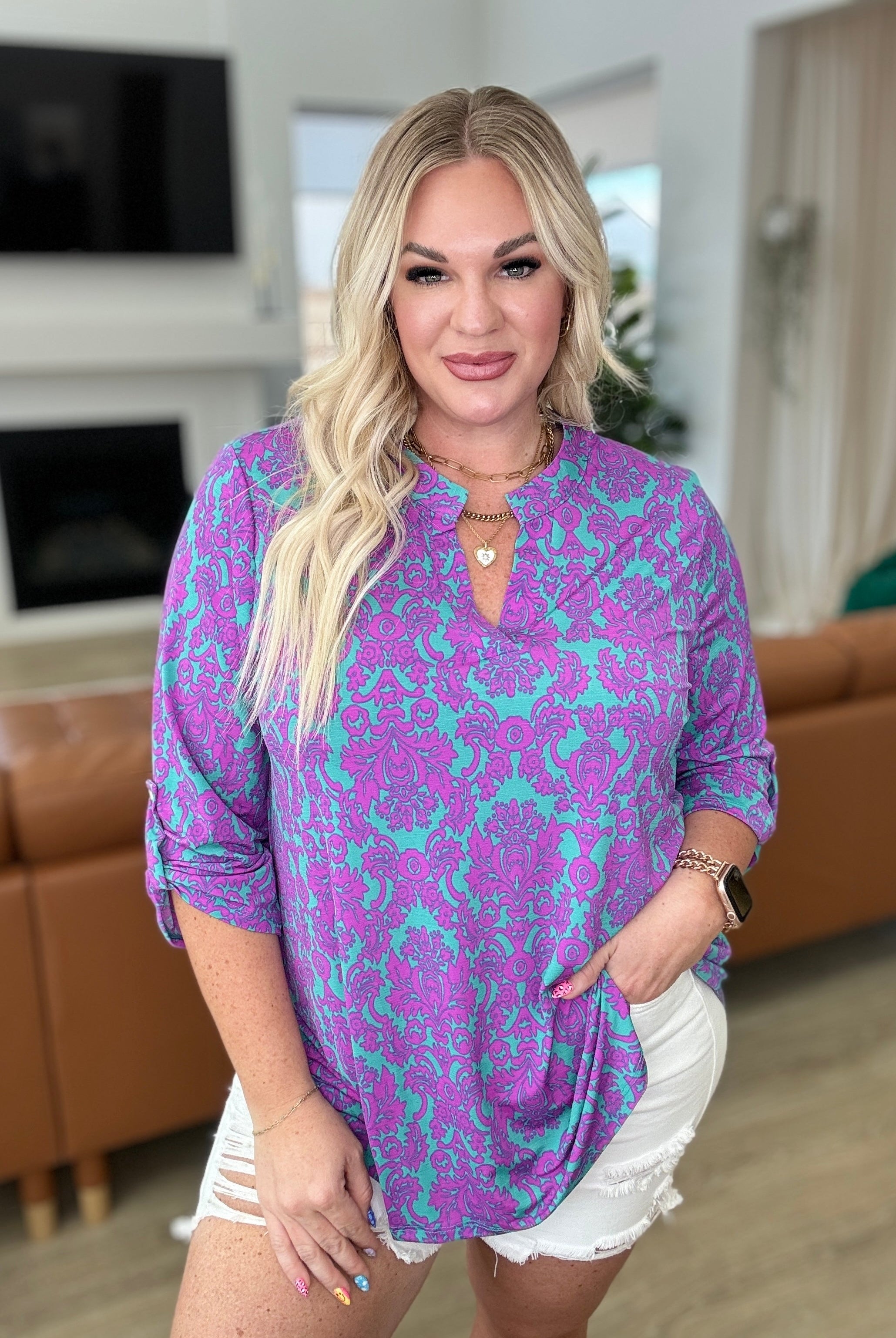 Lizzy Top in Teal and Magenta Damask-Long Sleeve Tops-Krush Kandy, Women's Online Fashion Boutique Located in Phoenix, Arizona (Scottsdale Area)