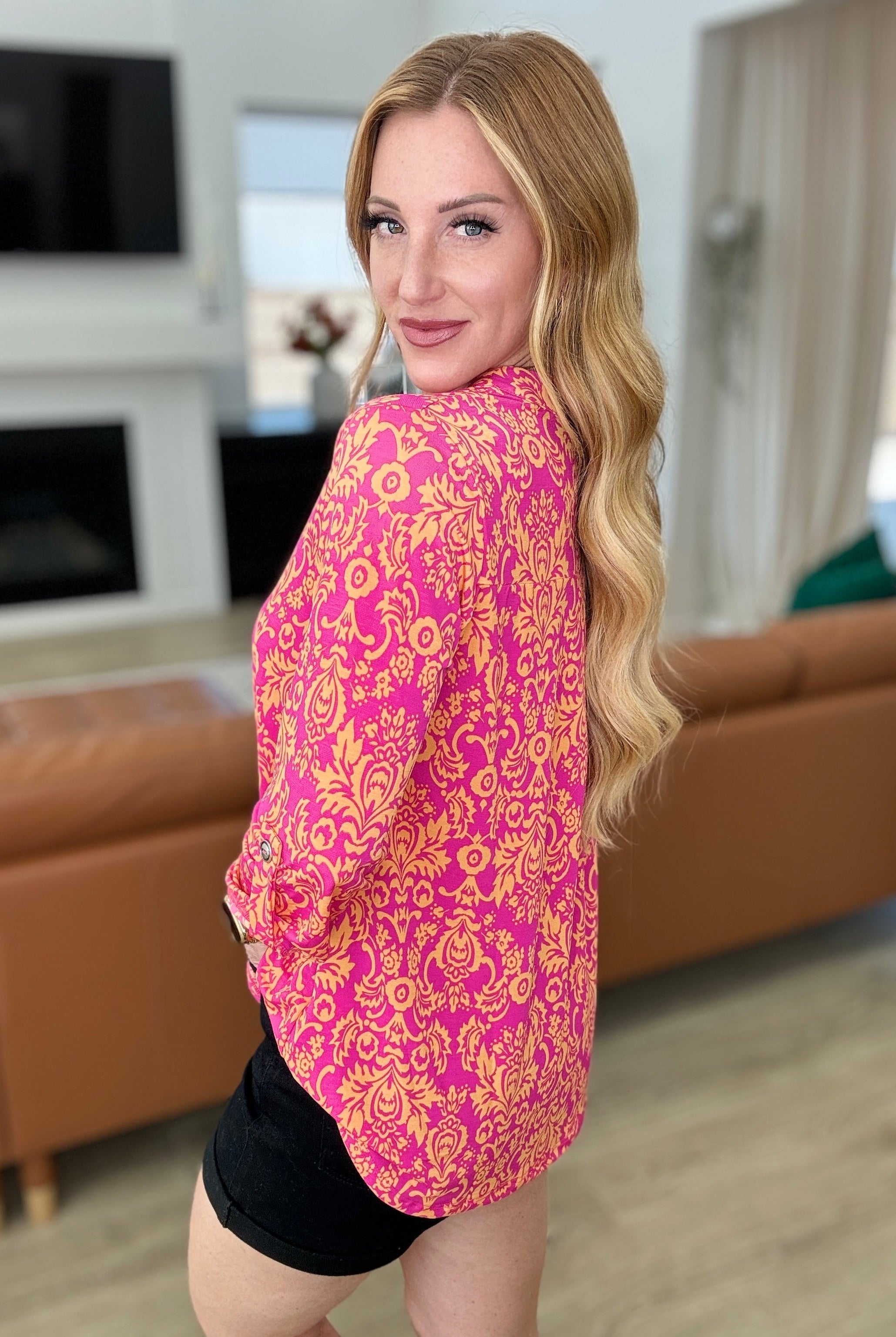 Lizzy Top in Hot Pink and Tangerine Damask-Long Sleeve Tops-Krush Kandy, Women's Online Fashion Boutique Located in Phoenix, Arizona (Scottsdale Area)