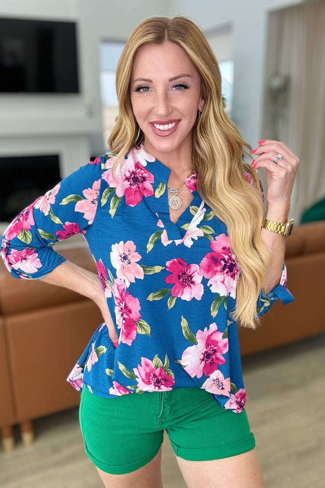 Lizzy Top in Teal and Magenta Floral-Long Sleeve Tops-Krush Kandy, Women's Online Fashion Boutique Located in Phoenix, Arizona (Scottsdale Area)