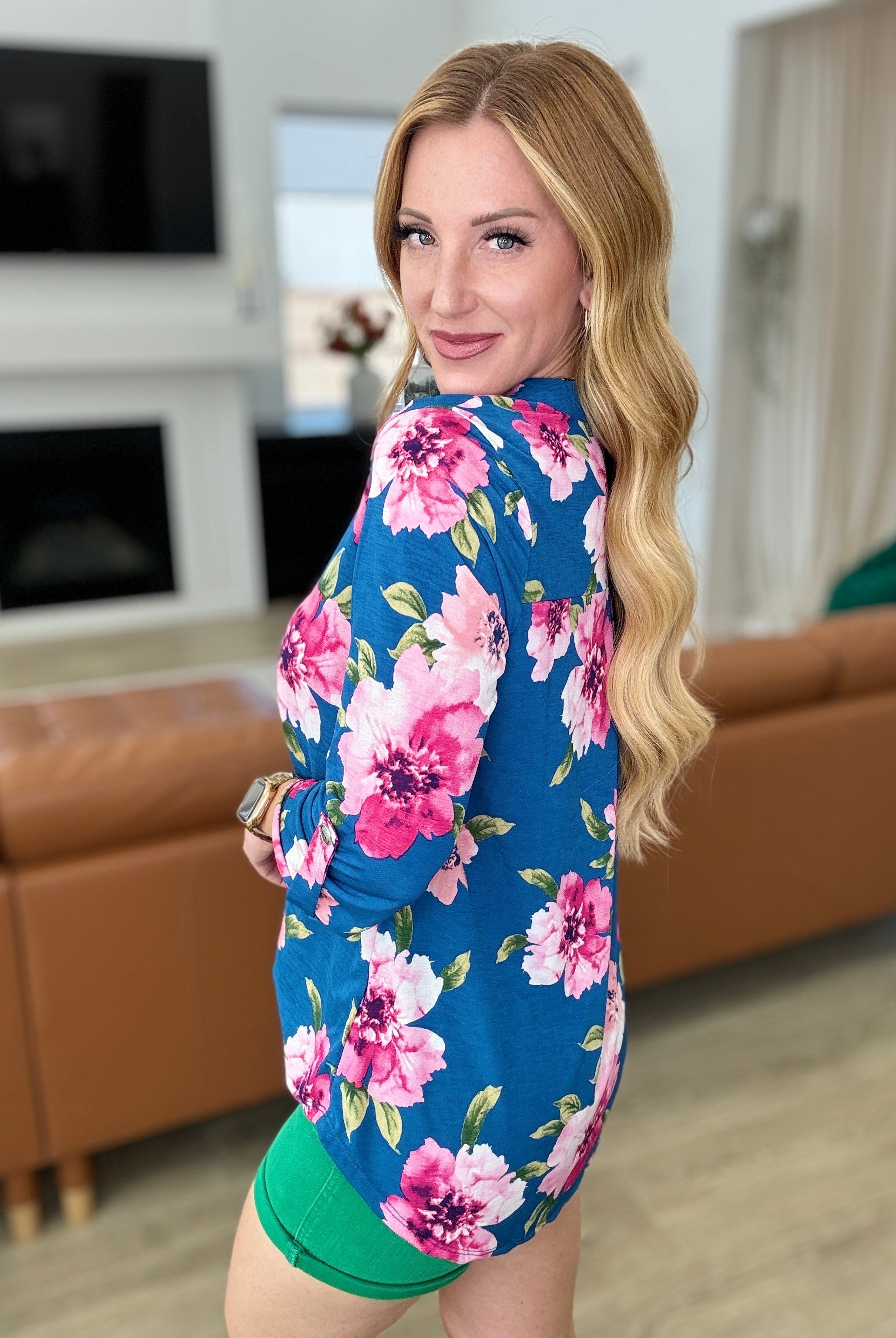 Lizzy Top in Teal and Magenta Floral-Long Sleeve Tops-Krush Kandy, Women's Online Fashion Boutique Located in Phoenix, Arizona (Scottsdale Area)
