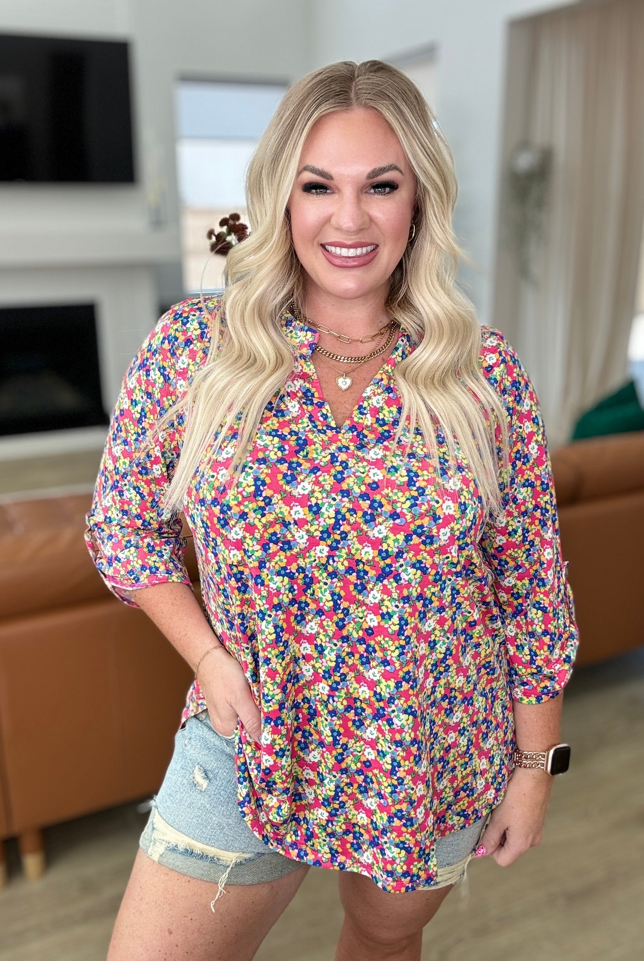 Lizzy Top in Coral Ditsy Floral-Long Sleeve Tops-Krush Kandy, Women's Online Fashion Boutique Located in Phoenix, Arizona (Scottsdale Area)