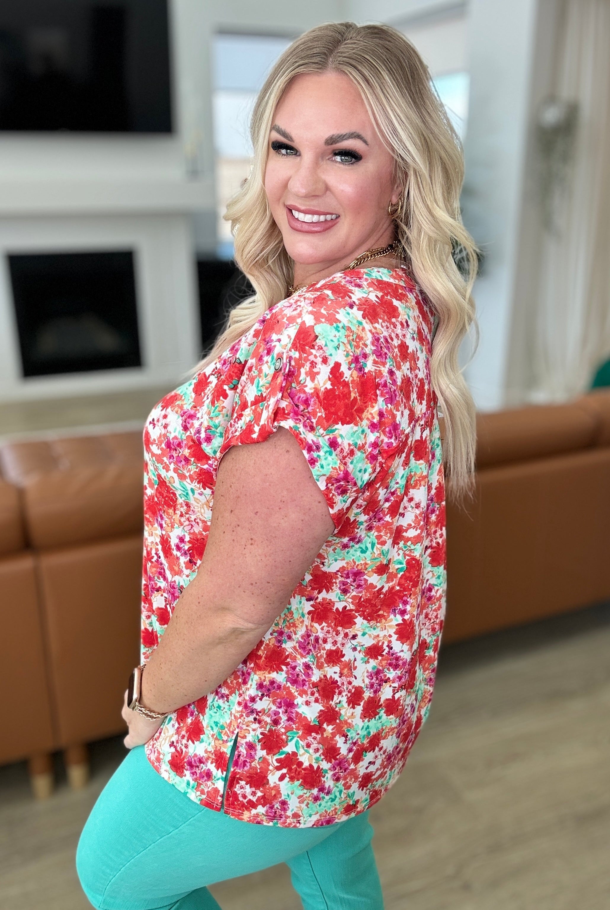 Lizzy Cap Sleeve Top in Ivory and Coral Floral-Short Sleeve Tops-Krush Kandy, Women's Online Fashion Boutique Located in Phoenix, Arizona (Scottsdale Area)