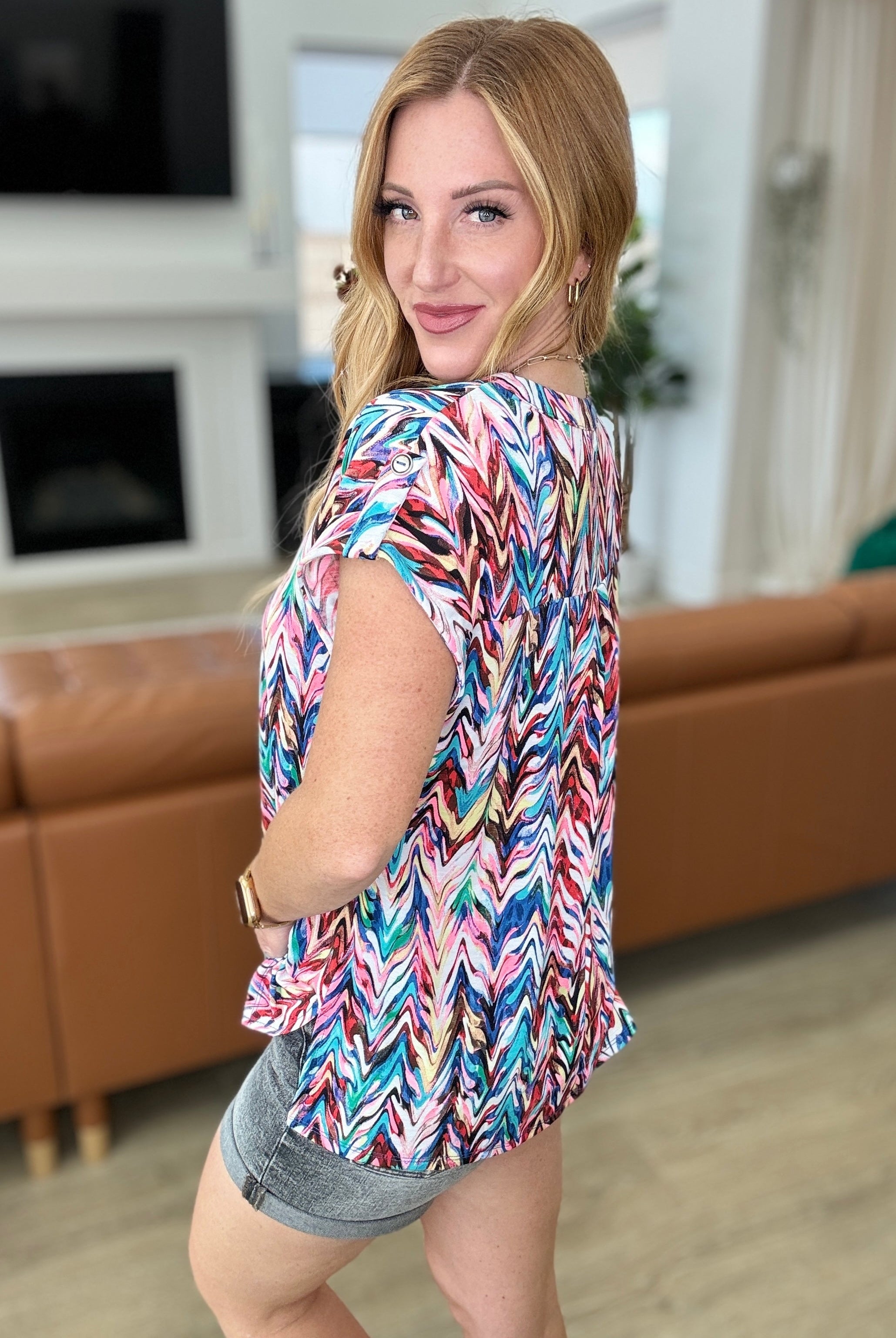 Lizzy Cap Sleeve Top in Marbled Multi-Short Sleeve Tops-Krush Kandy, Women's Online Fashion Boutique Located in Phoenix, Arizona (Scottsdale Area)