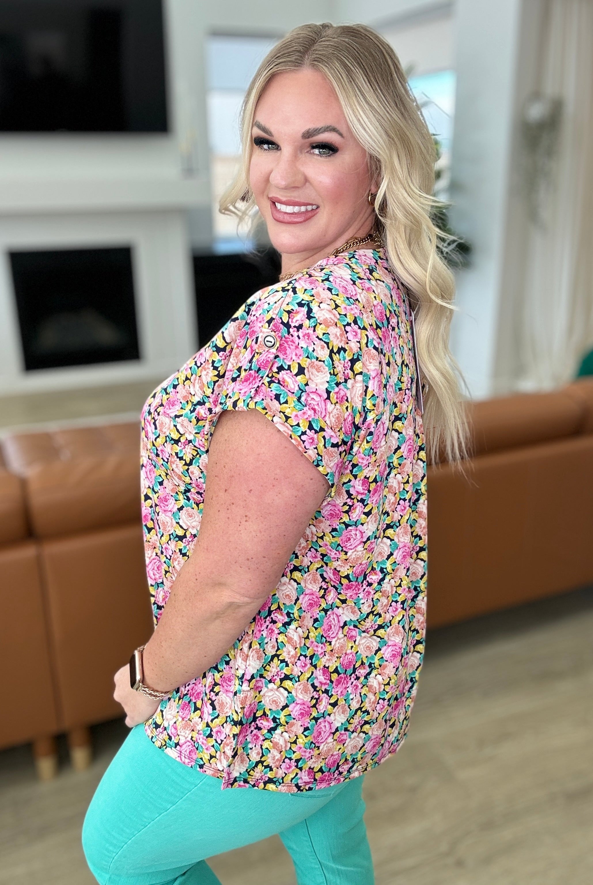 Lizzy Cap Sleeve Top in Navy and Rose Ditsy Floral-Short Sleeve Tops-Krush Kandy, Women's Online Fashion Boutique Located in Phoenix, Arizona (Scottsdale Area)