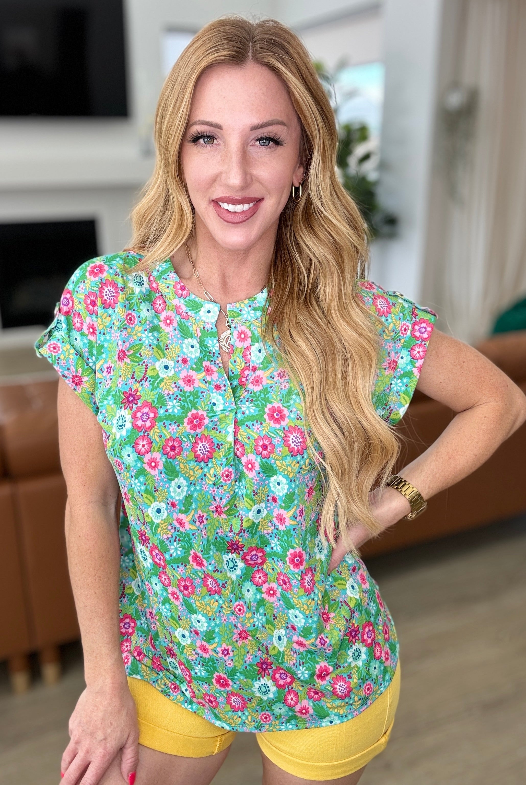 Lizzy Cap Sleeve Top in Emerald Spring Floral-Short Sleeve Tops-Krush Kandy, Women's Online Fashion Boutique Located in Phoenix, Arizona (Scottsdale Area)