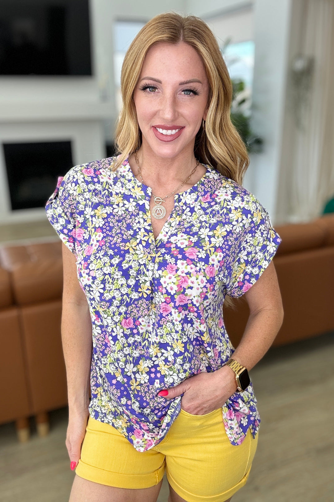 Lizzy Cap Sleeve Top in Lavender and Lime Ditsy Floral-Short Sleeve Tops-Krush Kandy, Women's Online Fashion Boutique Located in Phoenix, Arizona (Scottsdale Area)