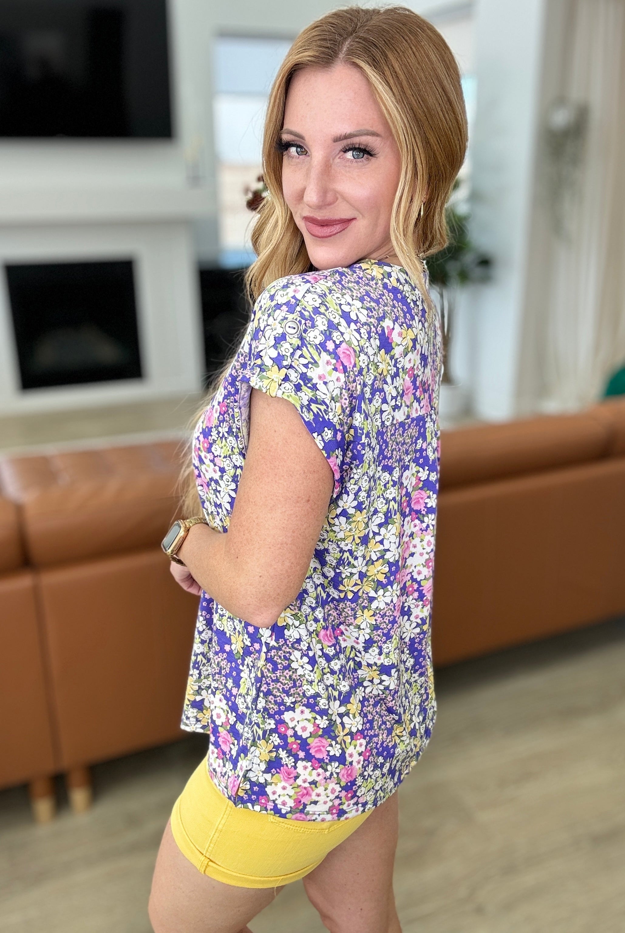 Lizzy Cap Sleeve Top in Lavender and Lime Ditsy Floral-Short Sleeve Tops-Krush Kandy, Women's Online Fashion Boutique Located in Phoenix, Arizona (Scottsdale Area)