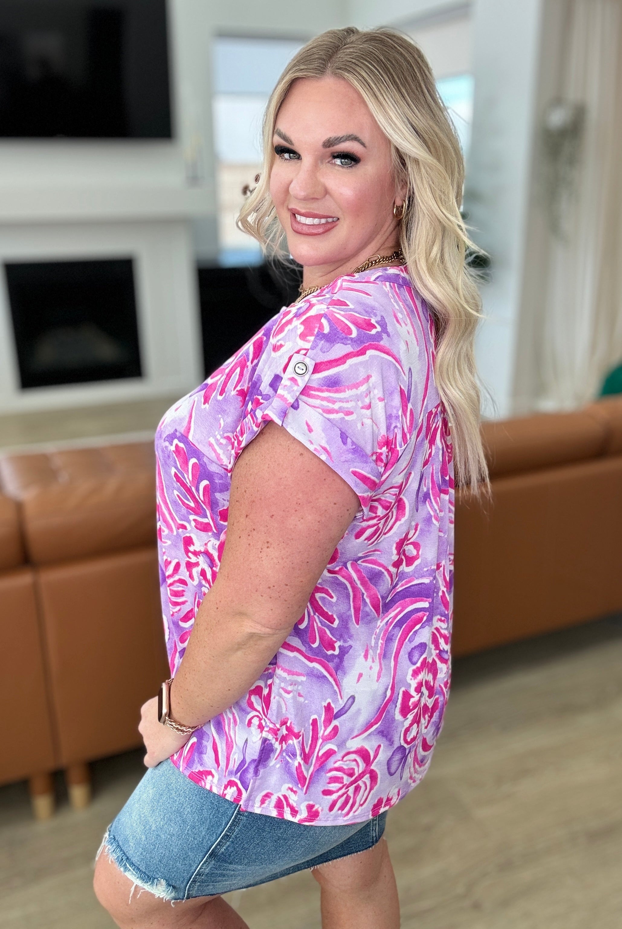 Lizzy Cap Sleeve Top in Purple and Hot Pink Watercolor-Short Sleeve Tops-Krush Kandy, Women's Online Fashion Boutique Located in Phoenix, Arizona (Scottsdale Area)