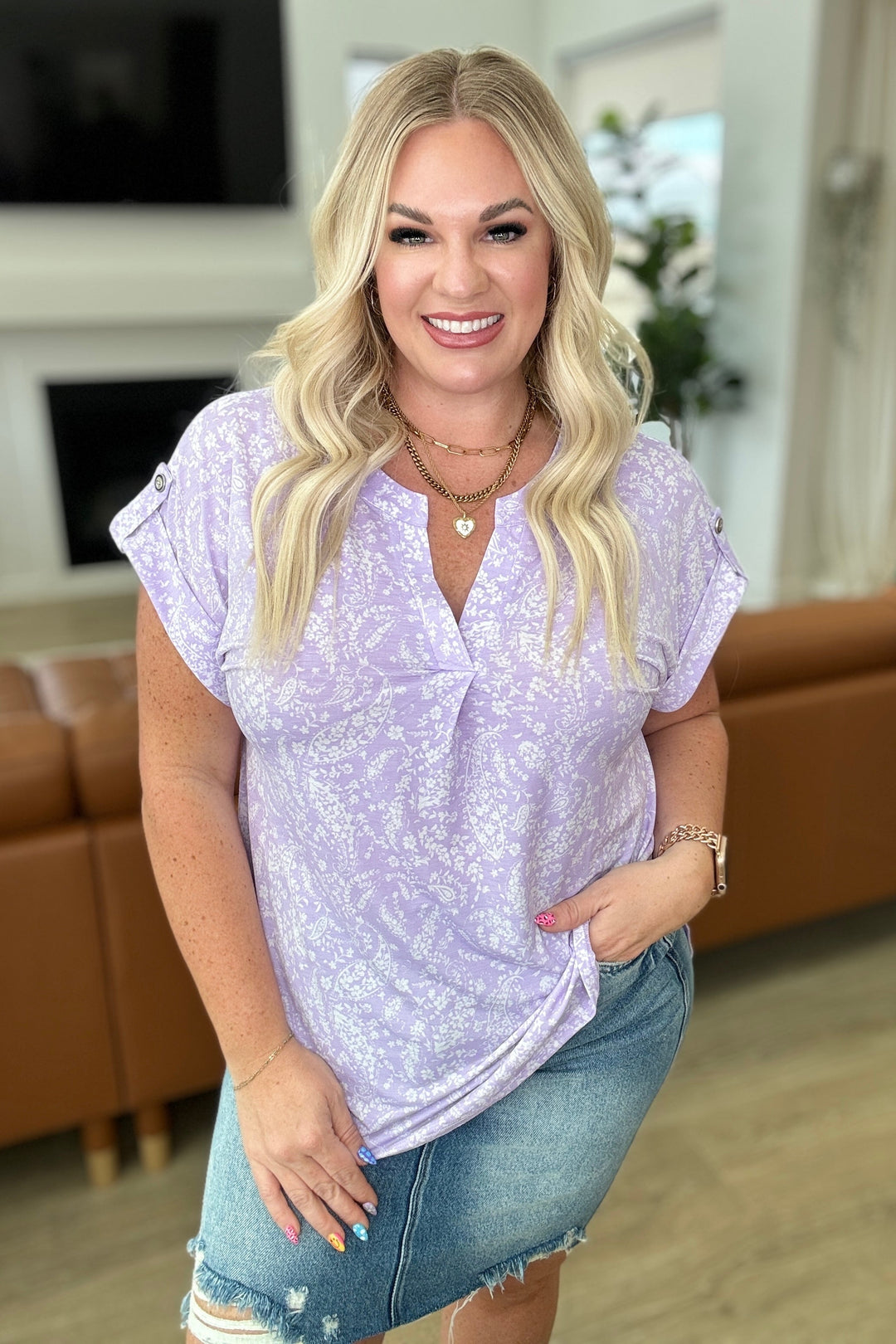 Lizzy Cap Sleeve Top in Lavender and White Floral-Short Sleeve Tops-Krush Kandy, Women's Online Fashion Boutique Located in Phoenix, Arizona (Scottsdale Area)
