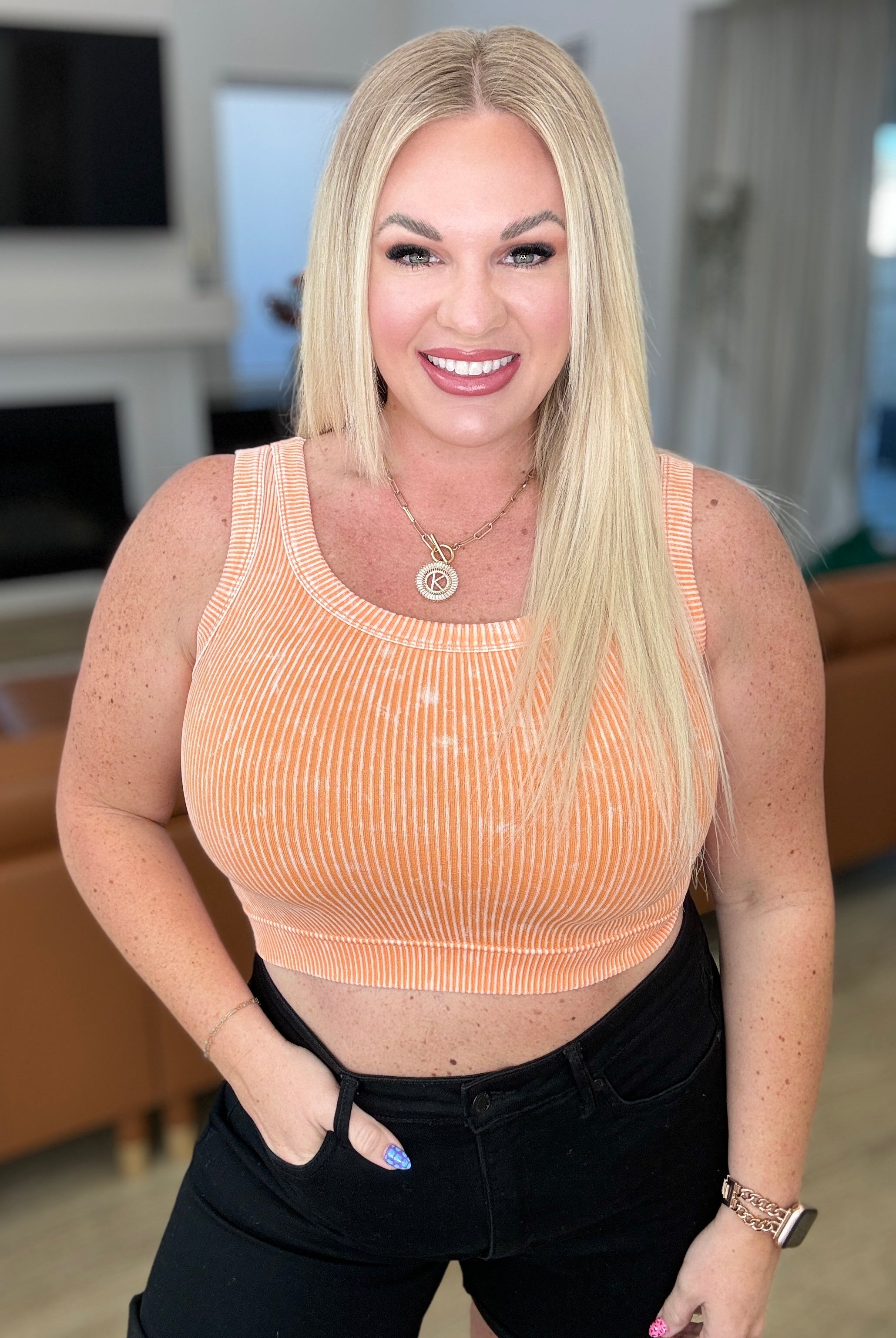 Stone Washed Ribbed Seamless Top In Light Orange-Sports Bras-Krush Kandy, Women's Online Fashion Boutique Located in Phoenix, Arizona (Scottsdale Area)