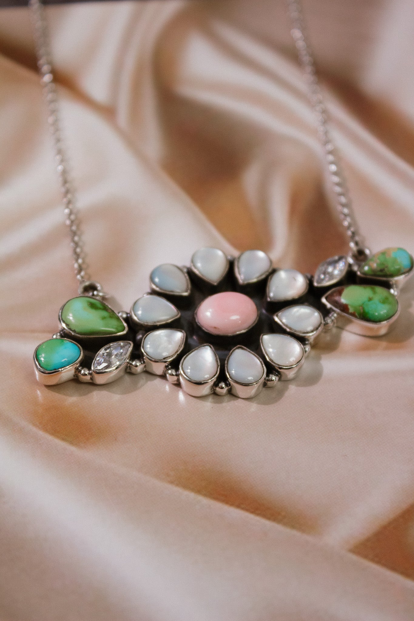 Sonoran, White Shell & Pink Conch Blossom Necklace-Chain Necklaces-Krush Kandy, Women's Online Fashion Boutique Located in Phoenix, Arizona (Scottsdale Area)