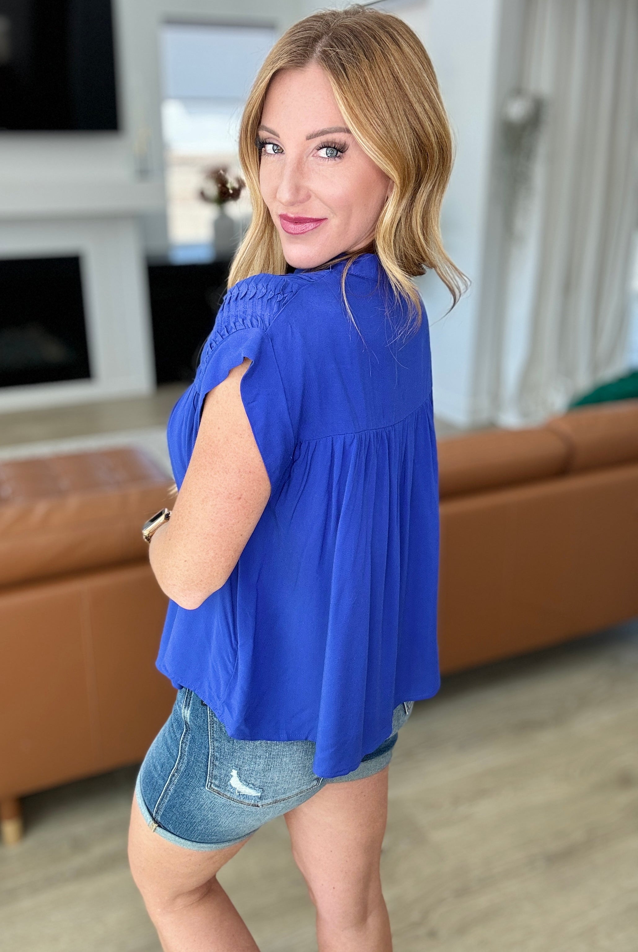 Pleat Detail Button Up Blouse in Royal Blue-Short Sleeve Tops-Krush Kandy, Women's Online Fashion Boutique Located in Phoenix, Arizona (Scottsdale Area)