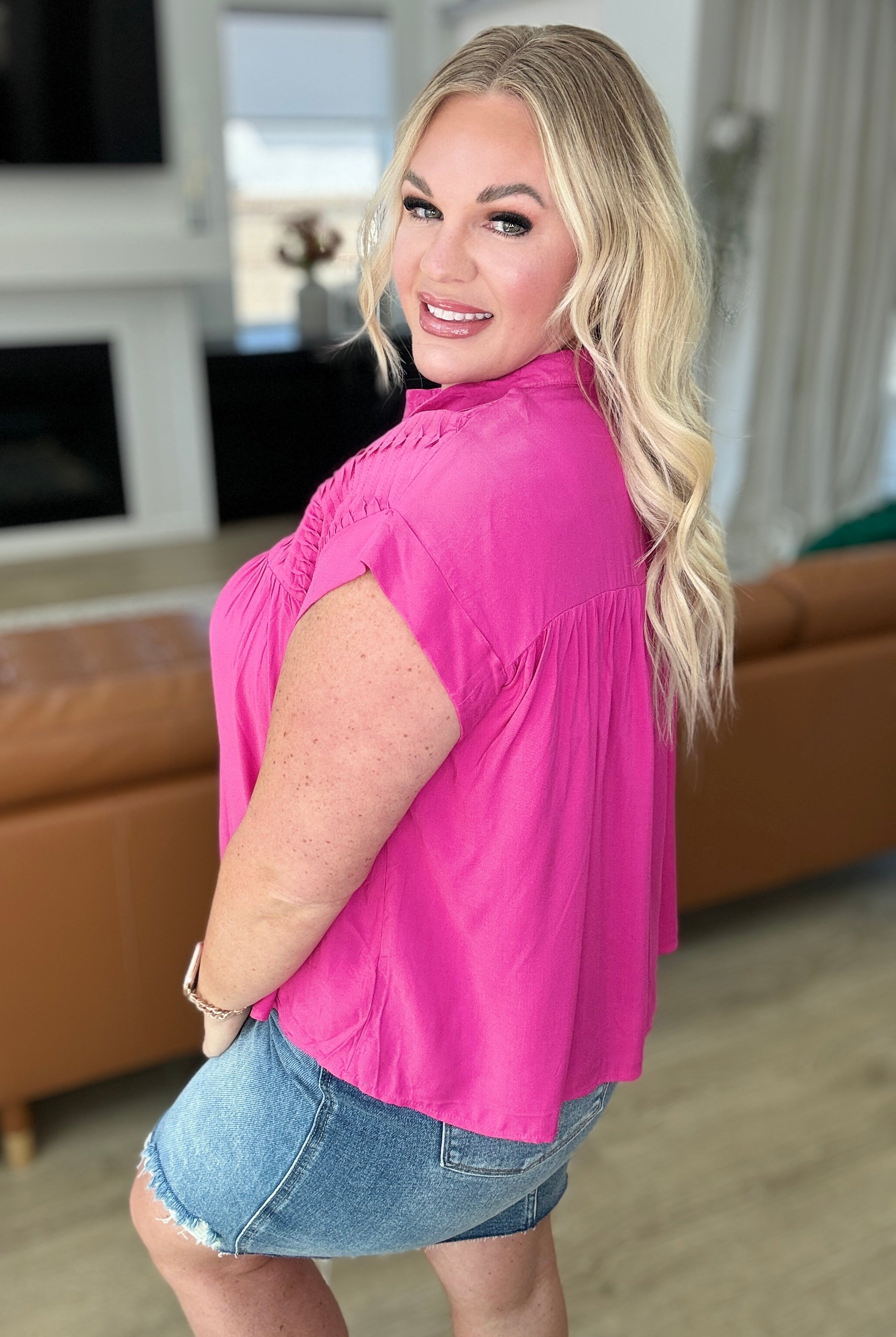 Pleat Detail Button Up Blouse in Hot Pink-Tops-Krush Kandy, Women's Online Fashion Boutique Located in Phoenix, Arizona (Scottsdale Area)