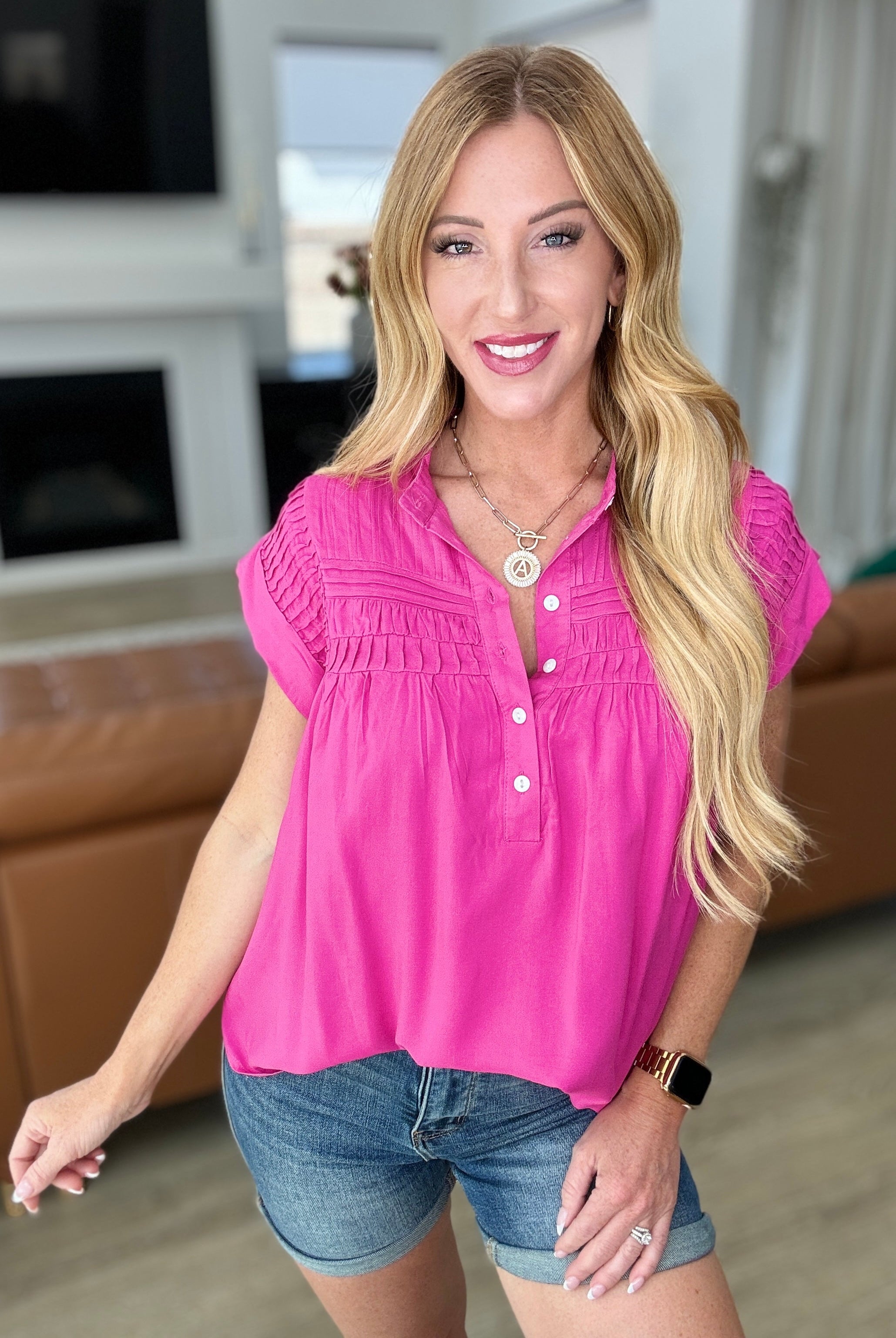 Pleat Detail Button Up Blouse in Hot Pink-Short Sleeve Tops-Krush Kandy, Women's Online Fashion Boutique Located in Phoenix, Arizona (Scottsdale Area)