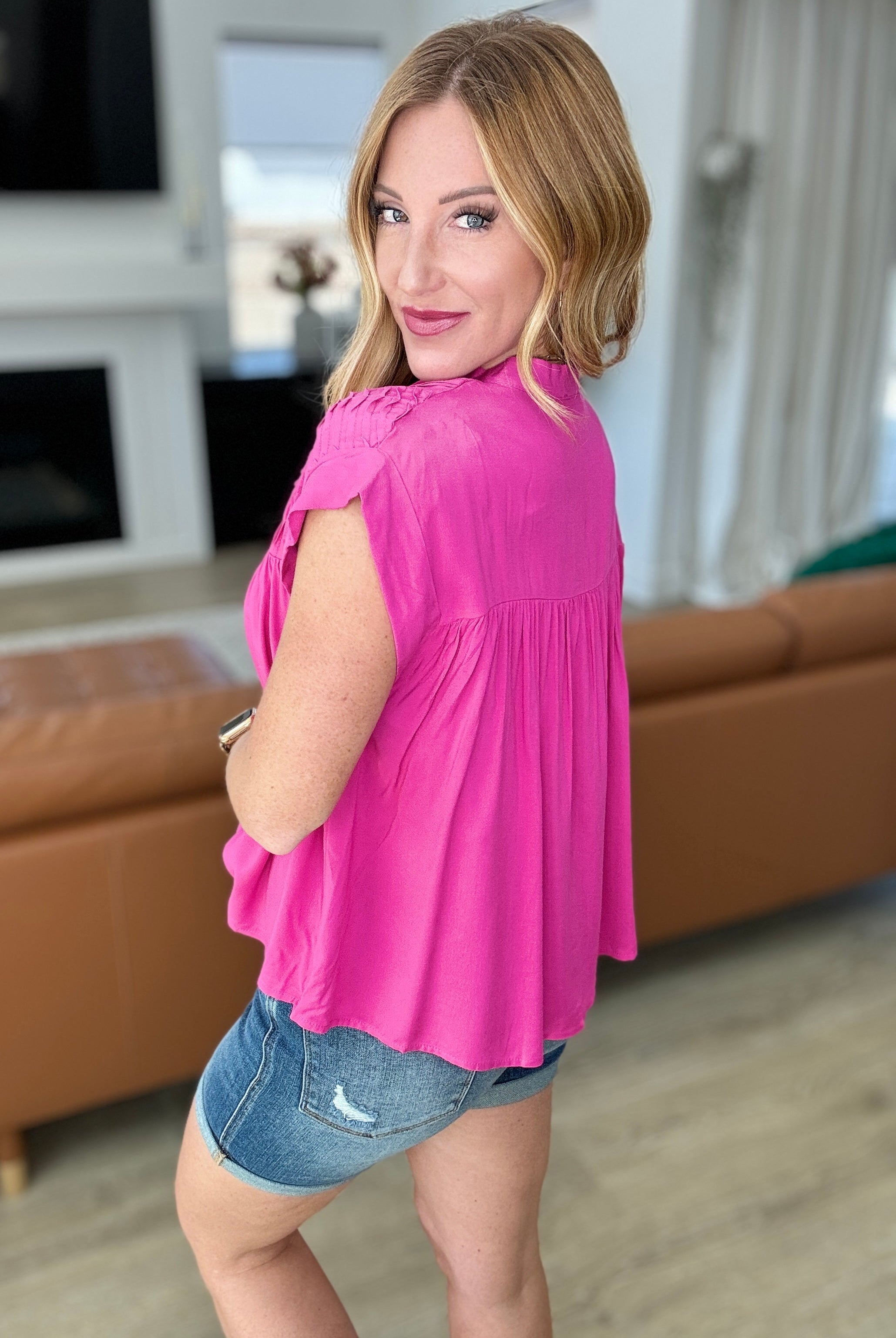 Pleat Detail Button Up Blouse in Hot Pink-Short Sleeve Tops-Krush Kandy, Women's Online Fashion Boutique Located in Phoenix, Arizona (Scottsdale Area)
