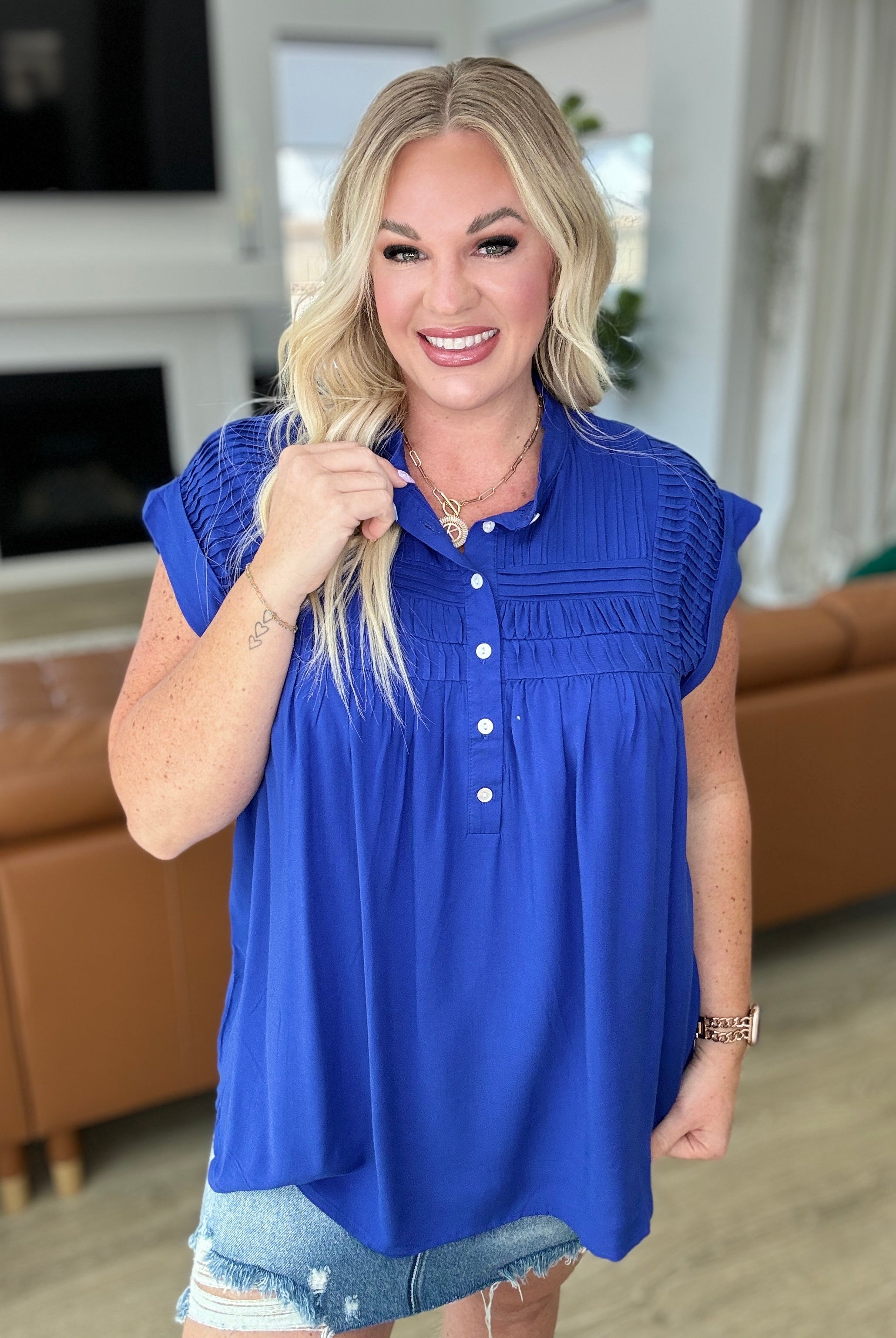 Pleat Detail Button Up Blouse in Royal Blue-Tops-Krush Kandy, Women's Online Fashion Boutique Located in Phoenix, Arizona (Scottsdale Area)