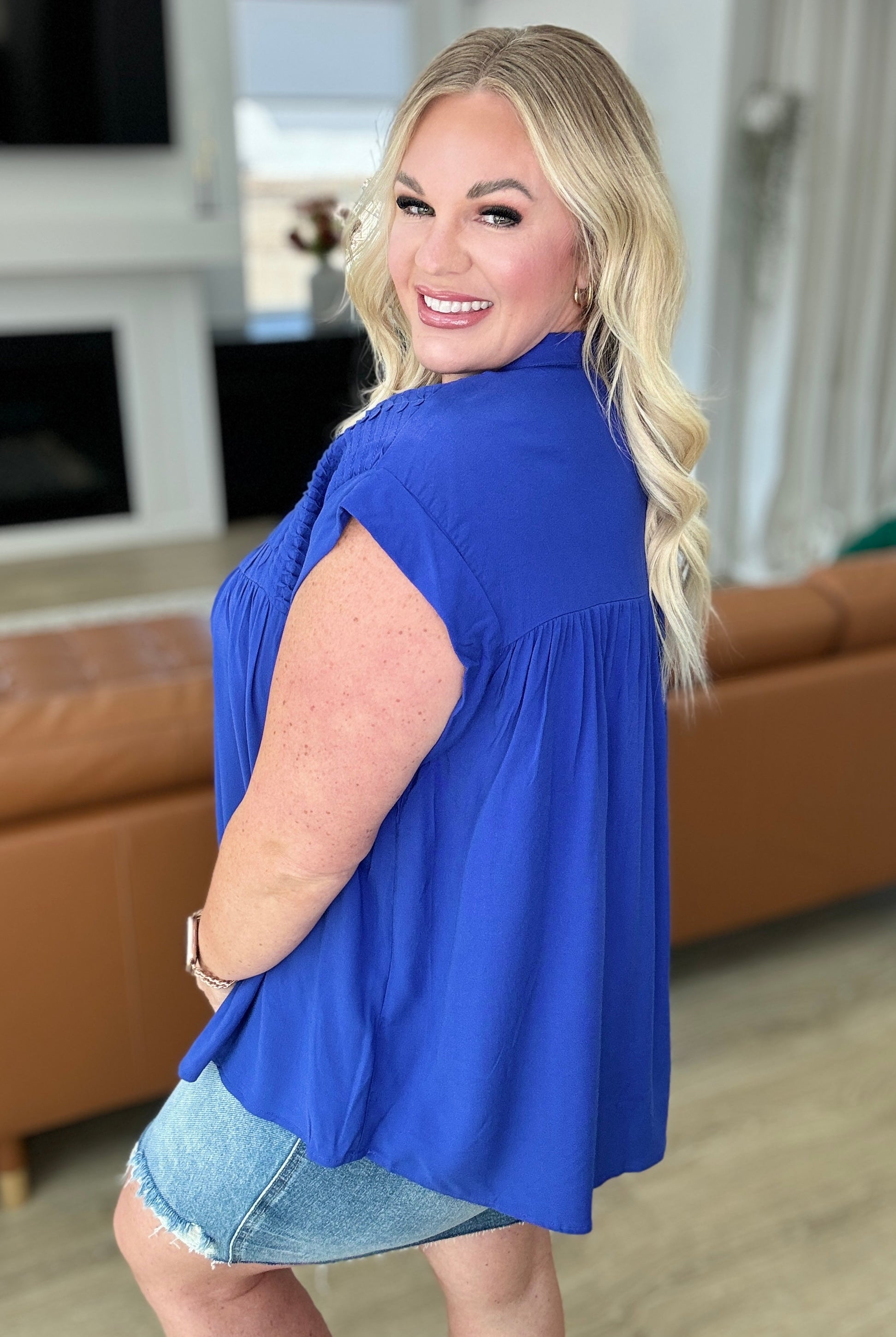 Pleat Detail Button Up Blouse in Royal Blue-Short Sleeve Tops-Krush Kandy, Women's Online Fashion Boutique Located in Phoenix, Arizona (Scottsdale Area)