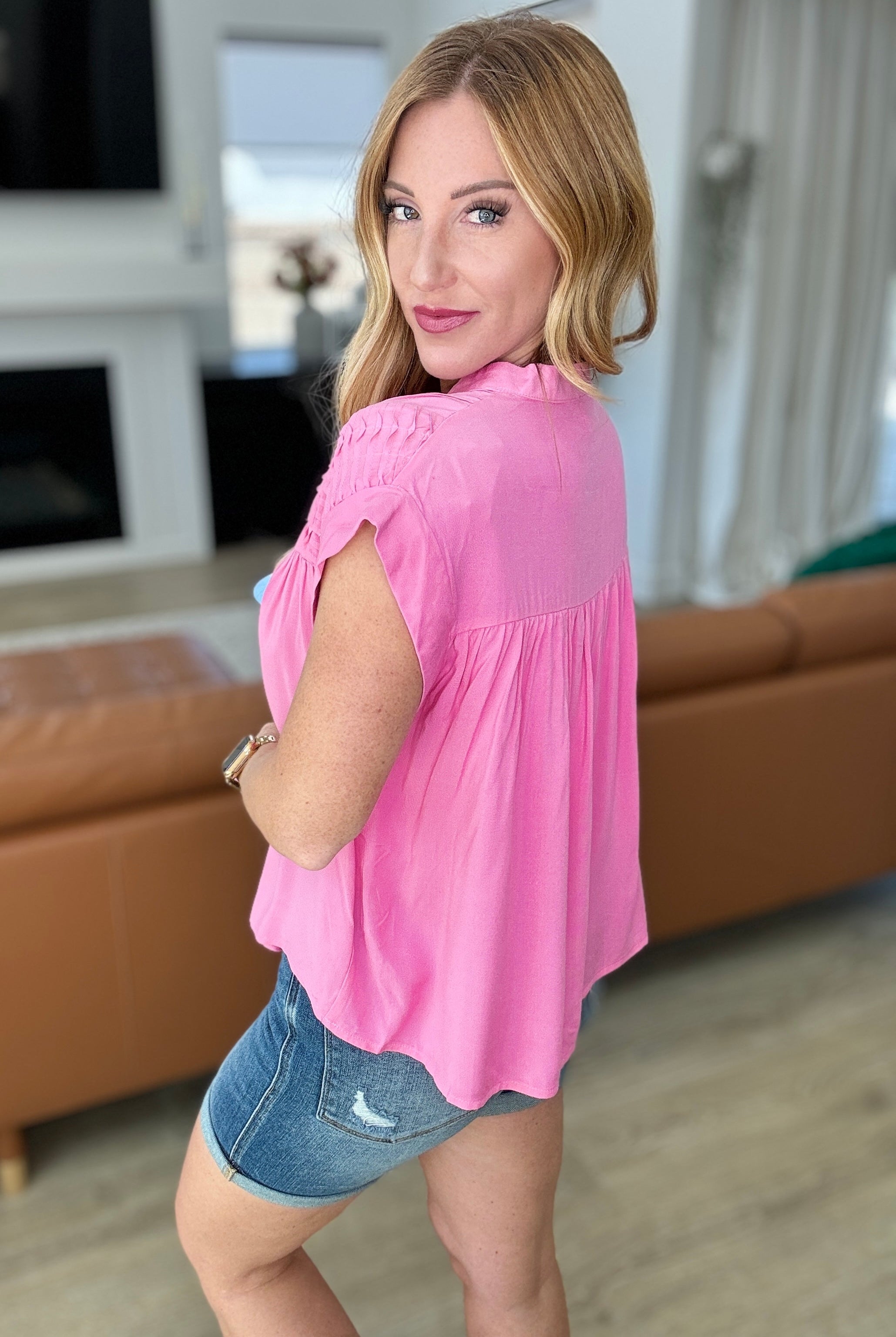 Pleat Detail Button Up Blouse in Pink Cosmos-Short Sleeve Tops-Krush Kandy, Women's Online Fashion Boutique Located in Phoenix, Arizona (Scottsdale Area)