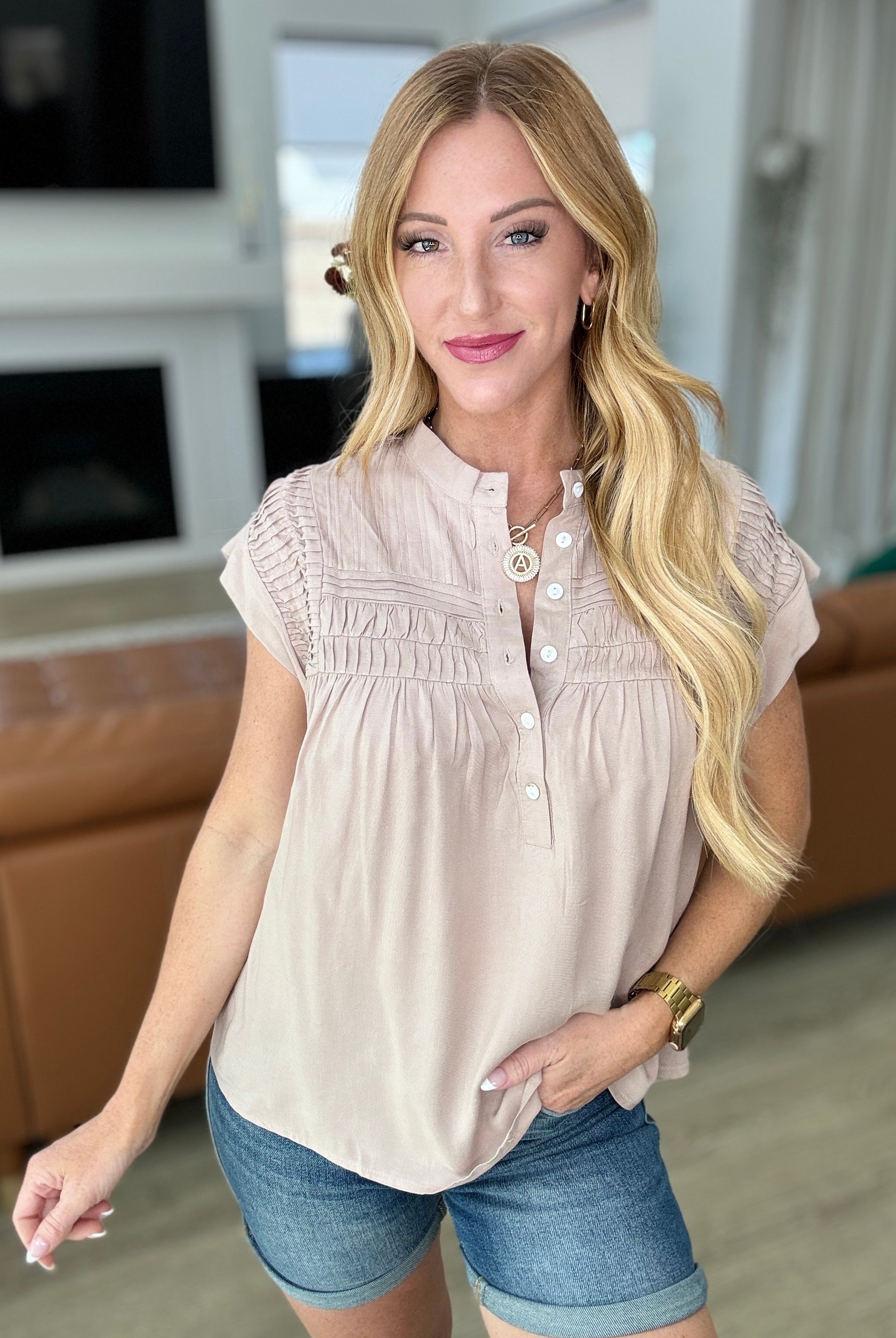 Pleat Detail Button Up Blouse in Taupe-Short Sleeve Tops-Krush Kandy, Women's Online Fashion Boutique Located in Phoenix, Arizona (Scottsdale Area)