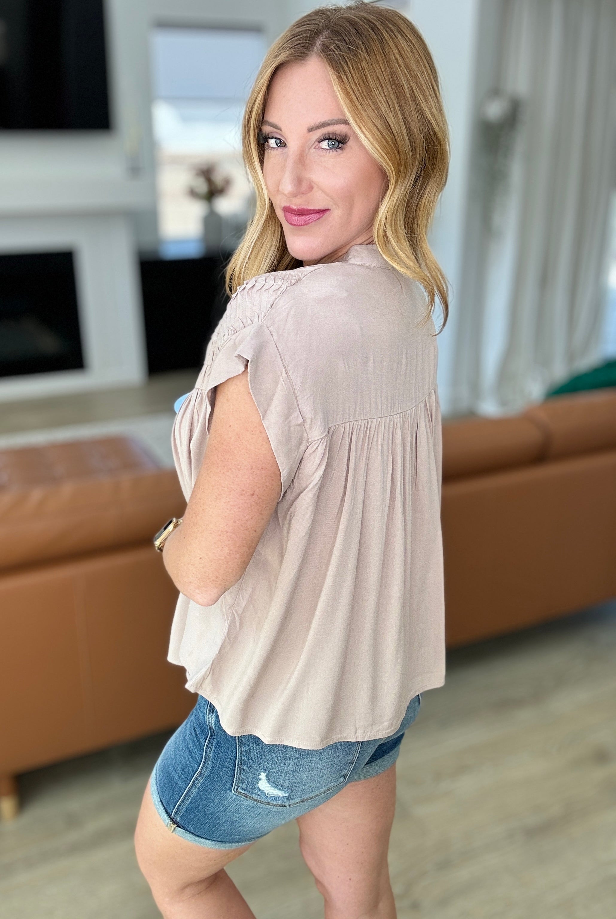 Pleat Detail Button Up Blouse in Taupe-Short Sleeve Tops-Krush Kandy, Women's Online Fashion Boutique Located in Phoenix, Arizona (Scottsdale Area)