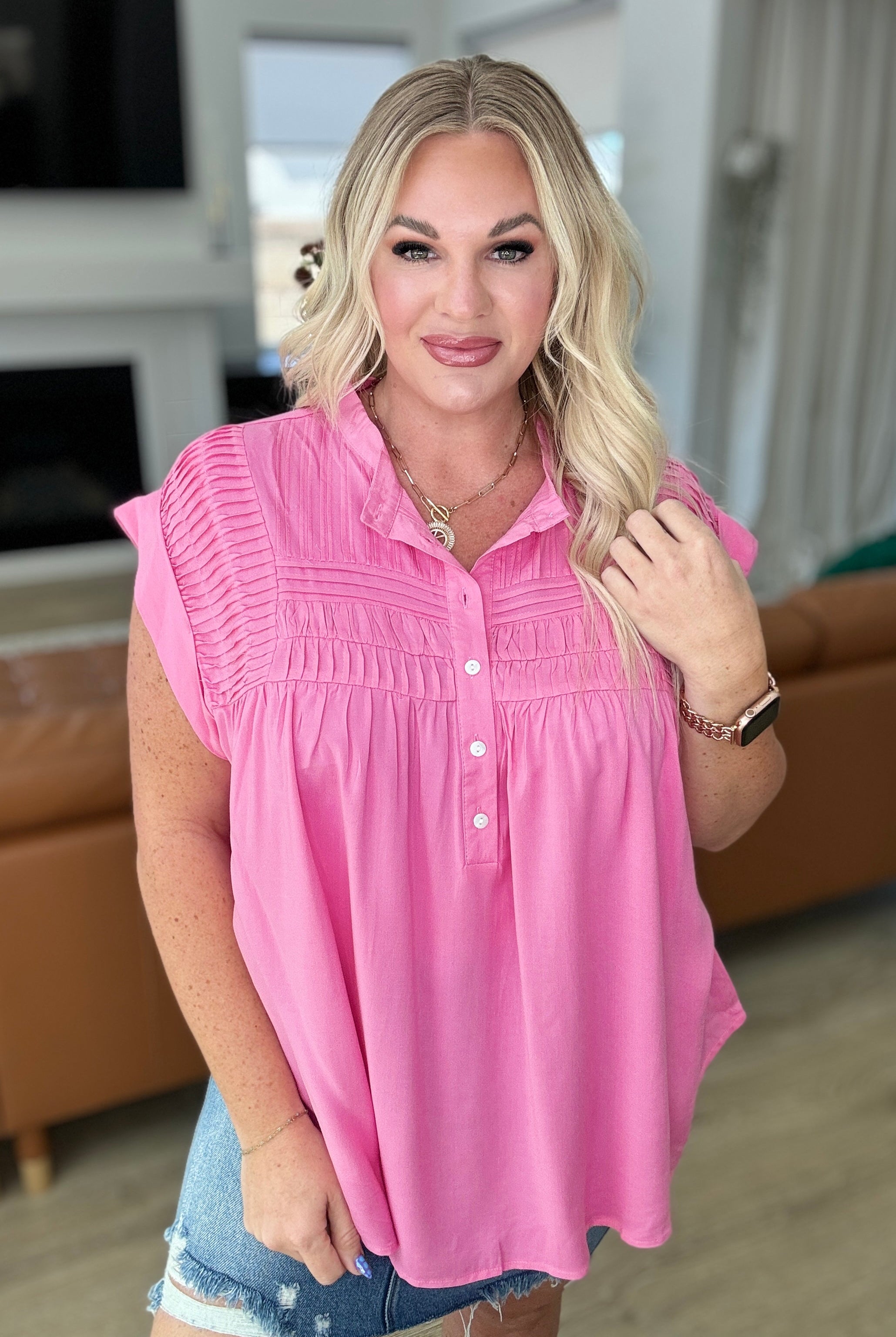 Pleat Detail Button Up Blouse in Pink Cosmos-Tops-Krush Kandy, Women's Online Fashion Boutique Located in Phoenix, Arizona (Scottsdale Area)