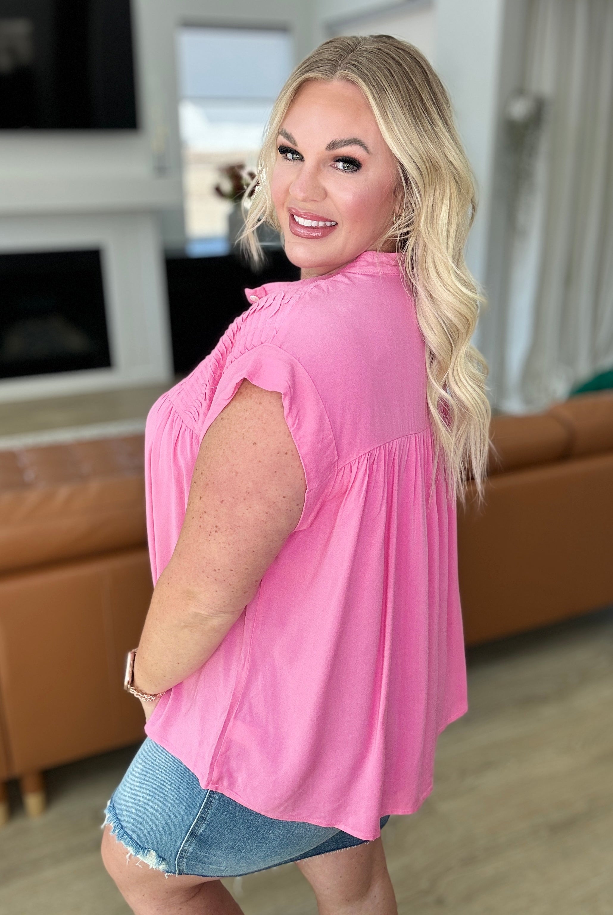 Pleat Detail Button Up Blouse in Pink Cosmos-Tops-Krush Kandy, Women's Online Fashion Boutique Located in Phoenix, Arizona (Scottsdale Area)