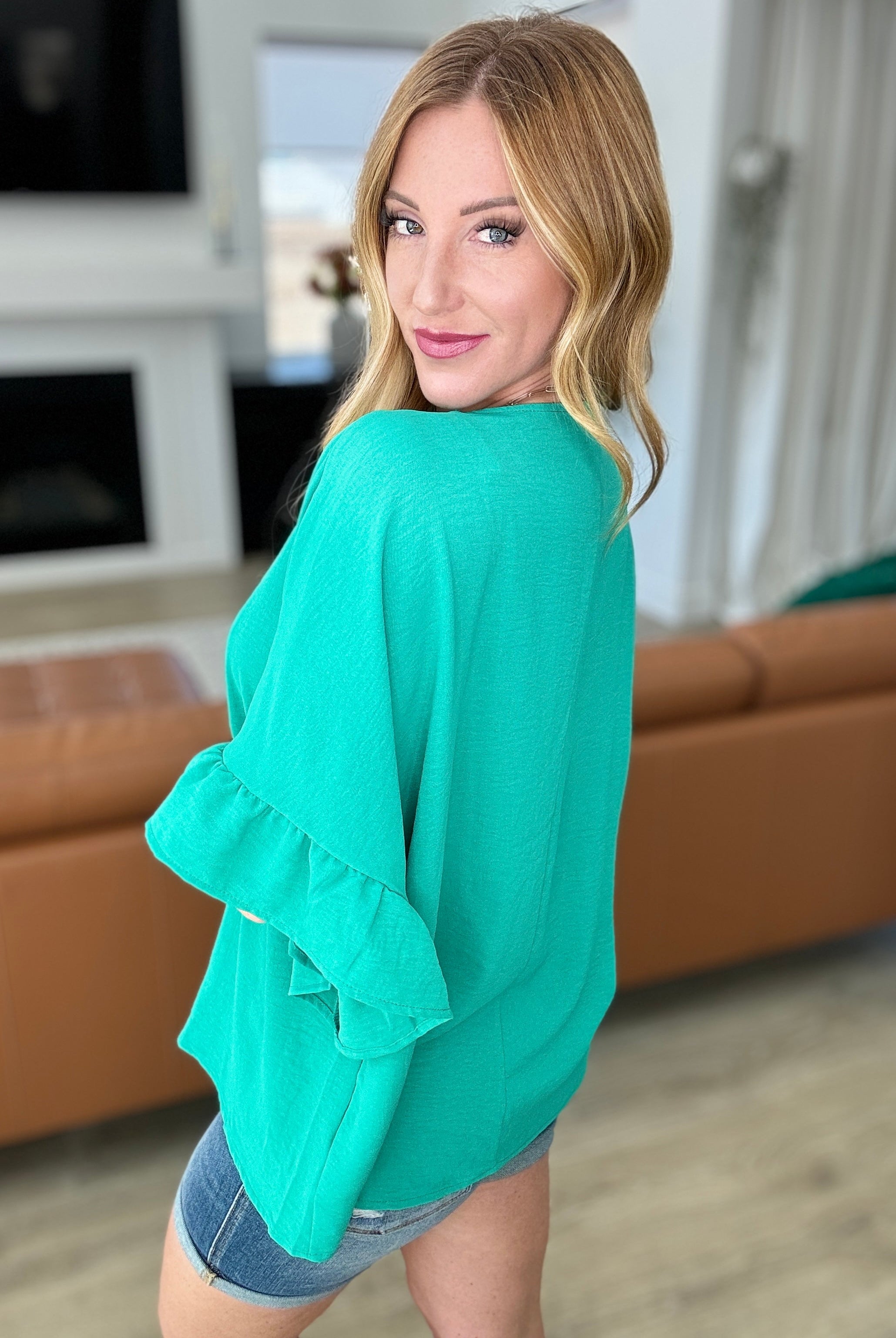 Airflow Peplum Ruffle Sleeve Top in Emerald-Short Sleeve Tops-Krush Kandy, Women's Online Fashion Boutique Located in Phoenix, Arizona (Scottsdale Area)