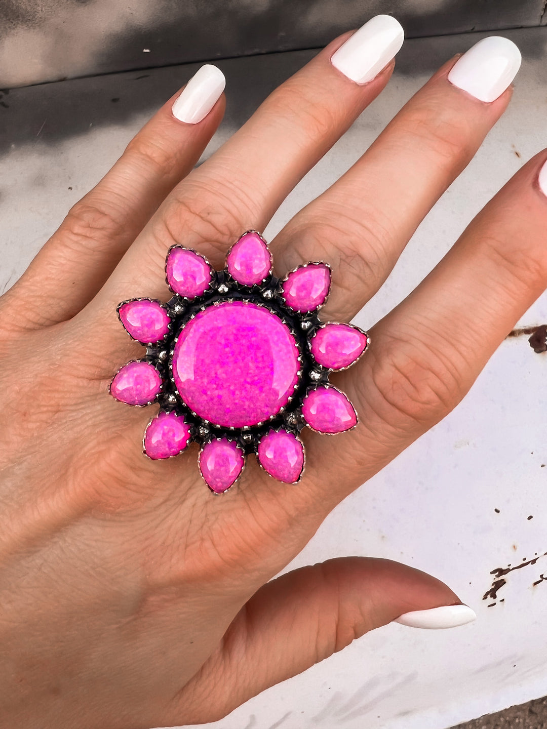 Neon Pink Opal Sunflower Cluster Sterling Silver Ring-Rings-Krush Kandy, Women's Online Fashion Boutique Located in Phoenix, Arizona (Scottsdale Area)