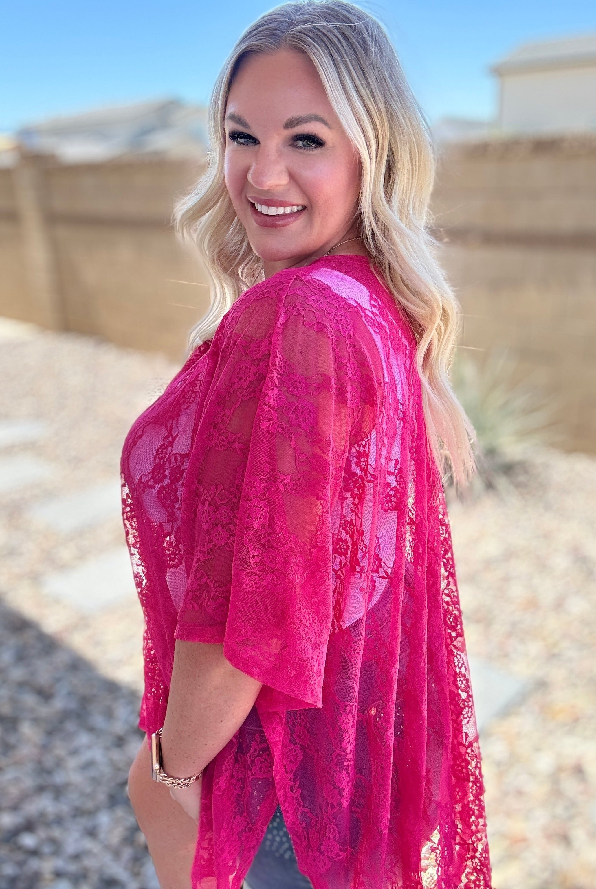 Good Days Ahead Lace Kimono In Fuchsia-Kimonos-Krush Kandy, Women's Online Fashion Boutique Located in Phoenix, Arizona (Scottsdale Area)
