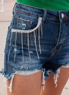 RISEN Denim & Diamonds High Rise Rhinestone Shorts-Shorts-Krush Kandy, Women's Online Fashion Boutique Located in Phoenix, Arizona (Scottsdale Area)