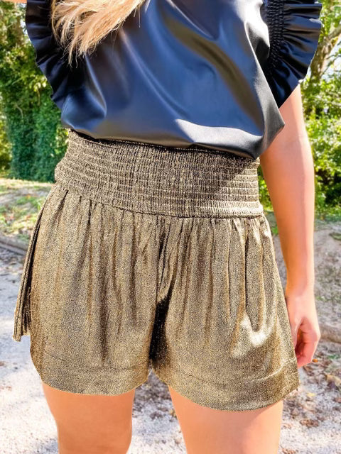 Shine Bright Metallic Shimmer Smock Shorts-Shorts-Krush Kandy, Women's Online Fashion Boutique Located in Phoenix, Arizona (Scottsdale Area)