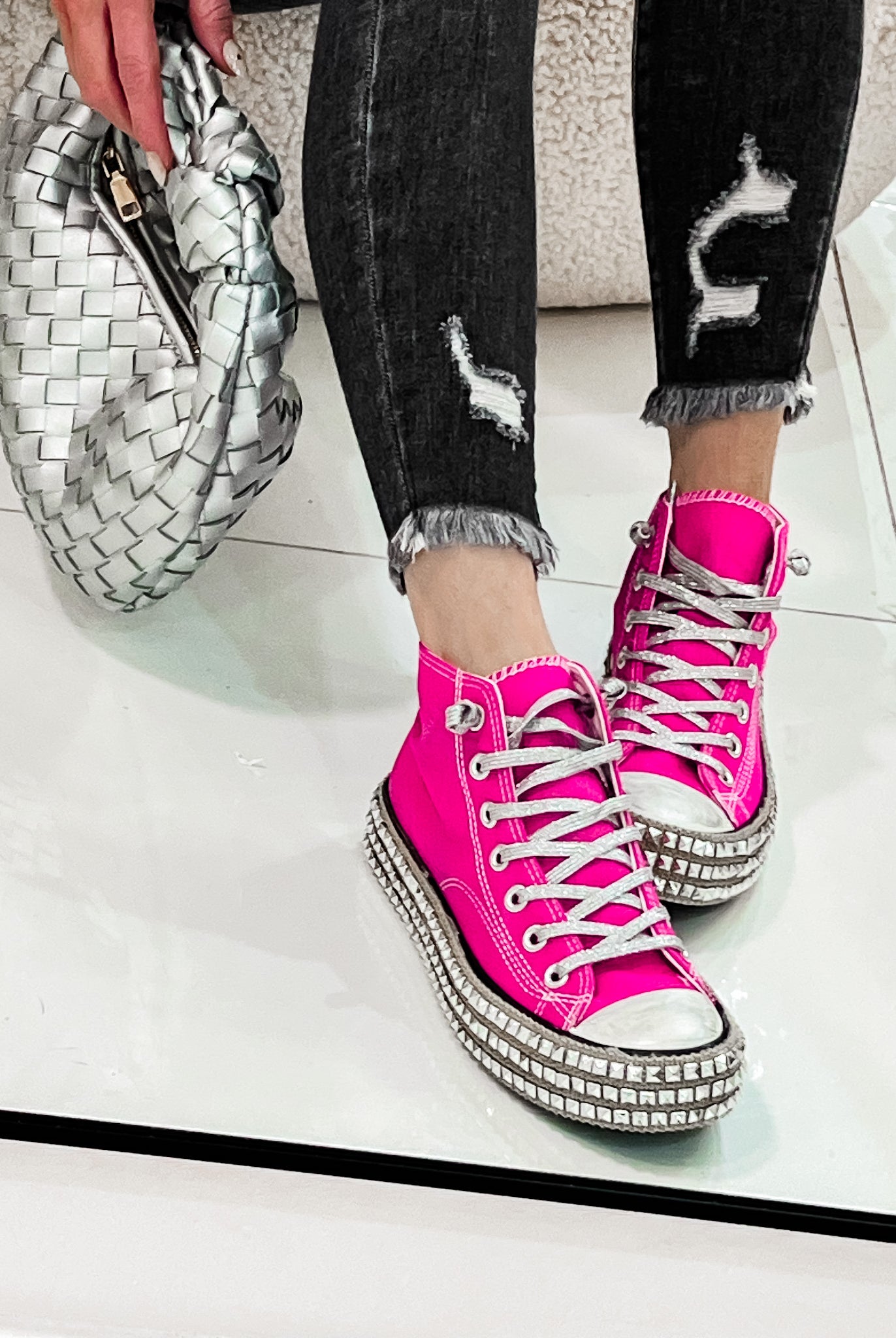 Pink Studded High Top Sneaker-Sneakers-Krush Kandy, Women's Online Fashion Boutique Located in Phoenix, Arizona (Scottsdale Area)