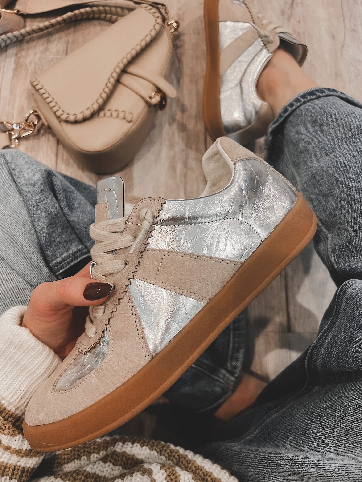 Maison Leather Suede Lace-Up Trainers Sneaker | Silver-Sneakers-Krush Kandy, Women's Online Fashion Boutique Located in Phoenix, Arizona (Scottsdale Area)