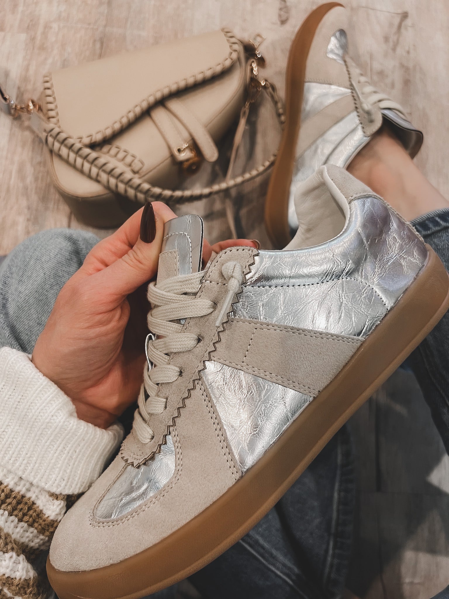 Maison Leather Suede Lace-Up Trainers Sneaker | Silver-Sneakers-Krush Kandy, Women's Online Fashion Boutique Located in Phoenix, Arizona (Scottsdale Area)