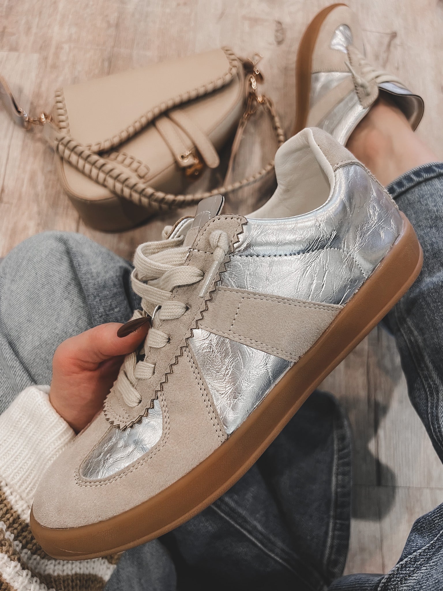 Maison Leather Suede Lace-Up Trainers Sneaker | Silver-Sneakers-Krush Kandy, Women's Online Fashion Boutique Located in Phoenix, Arizona (Scottsdale Area)