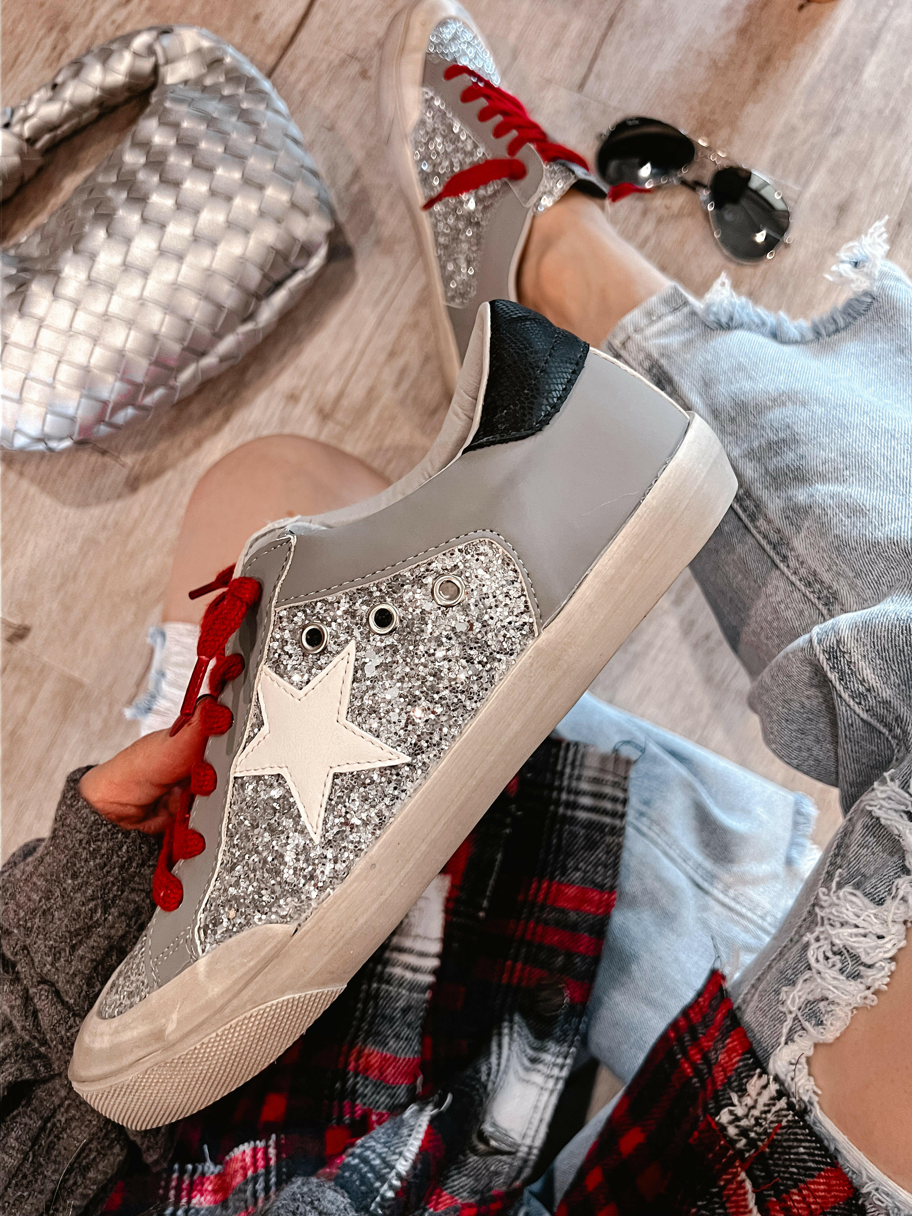 Sneakers: Silver Glitter Star Sneakers with Laces