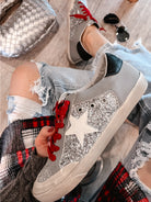 Silver Starlight: Silver Glitter Star Sneakers with Red Laces-Shoes-Krush Kandy, Women's Online Fashion Boutique Located in Phoenix, Arizona (Scottsdale Area)