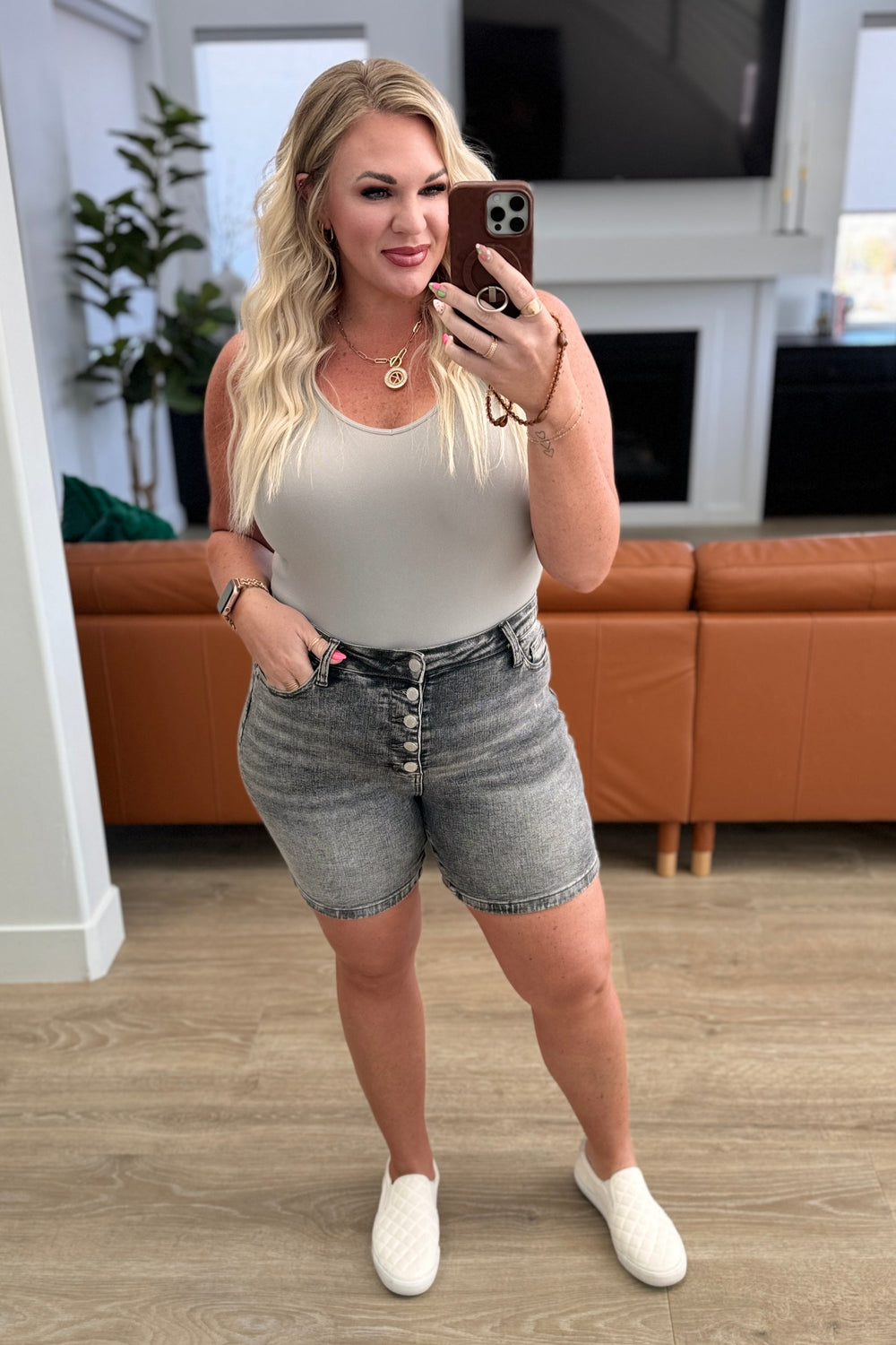 Greyson High Rise Button Fly Cuffed Shorts in Grey-Shorts-Krush Kandy, Women's Online Fashion Boutique Located in Phoenix, Arizona (Scottsdale Area)