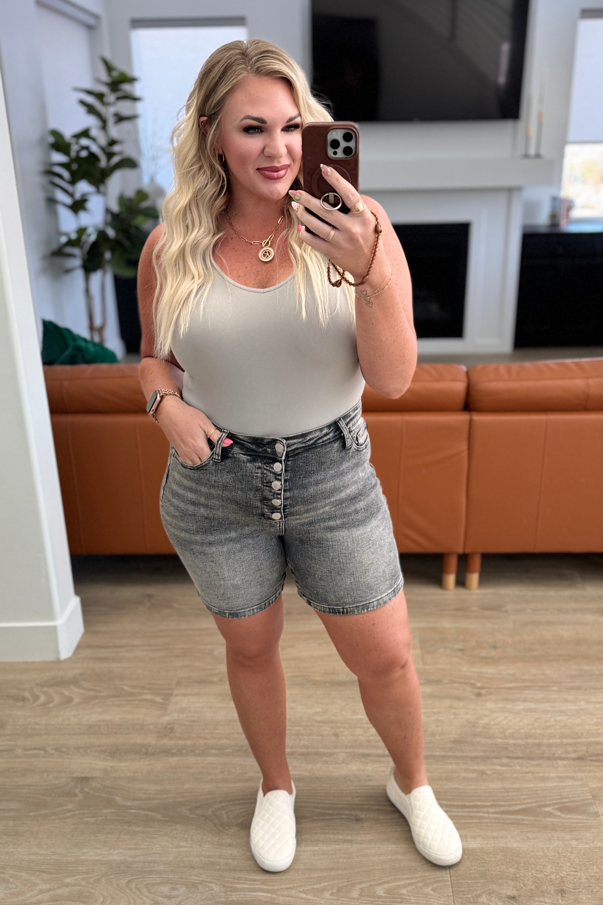 JUDY BLUE Greyson High Rise Button Fly Cuffed Shorts in Grey-Shorts-Krush Kandy, Women's Online Fashion Boutique Located in Phoenix, Arizona (Scottsdale Area)
